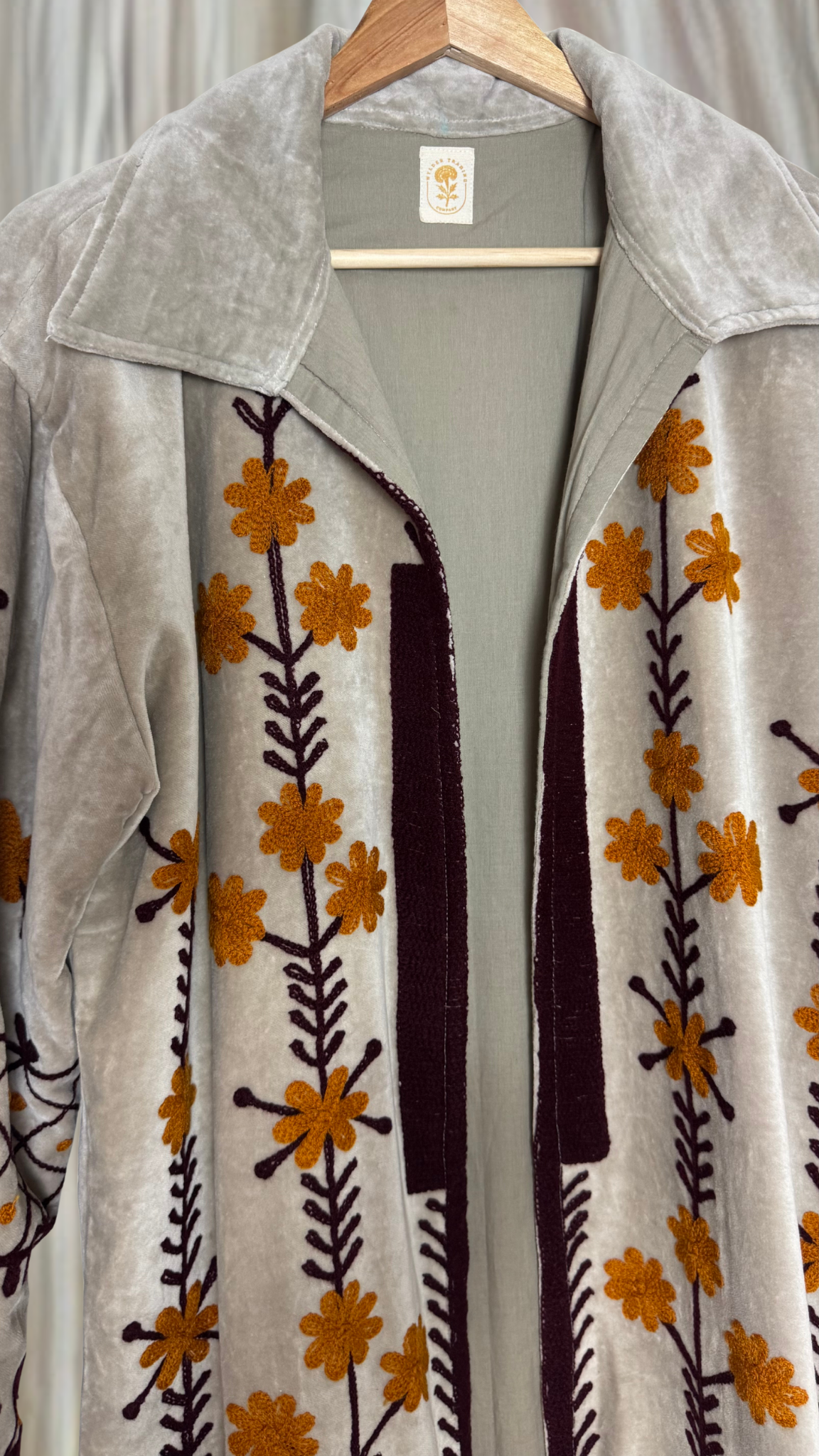 Velvet Duster Trench Coat (Grey w/ Maroon and Mustard Stitching)