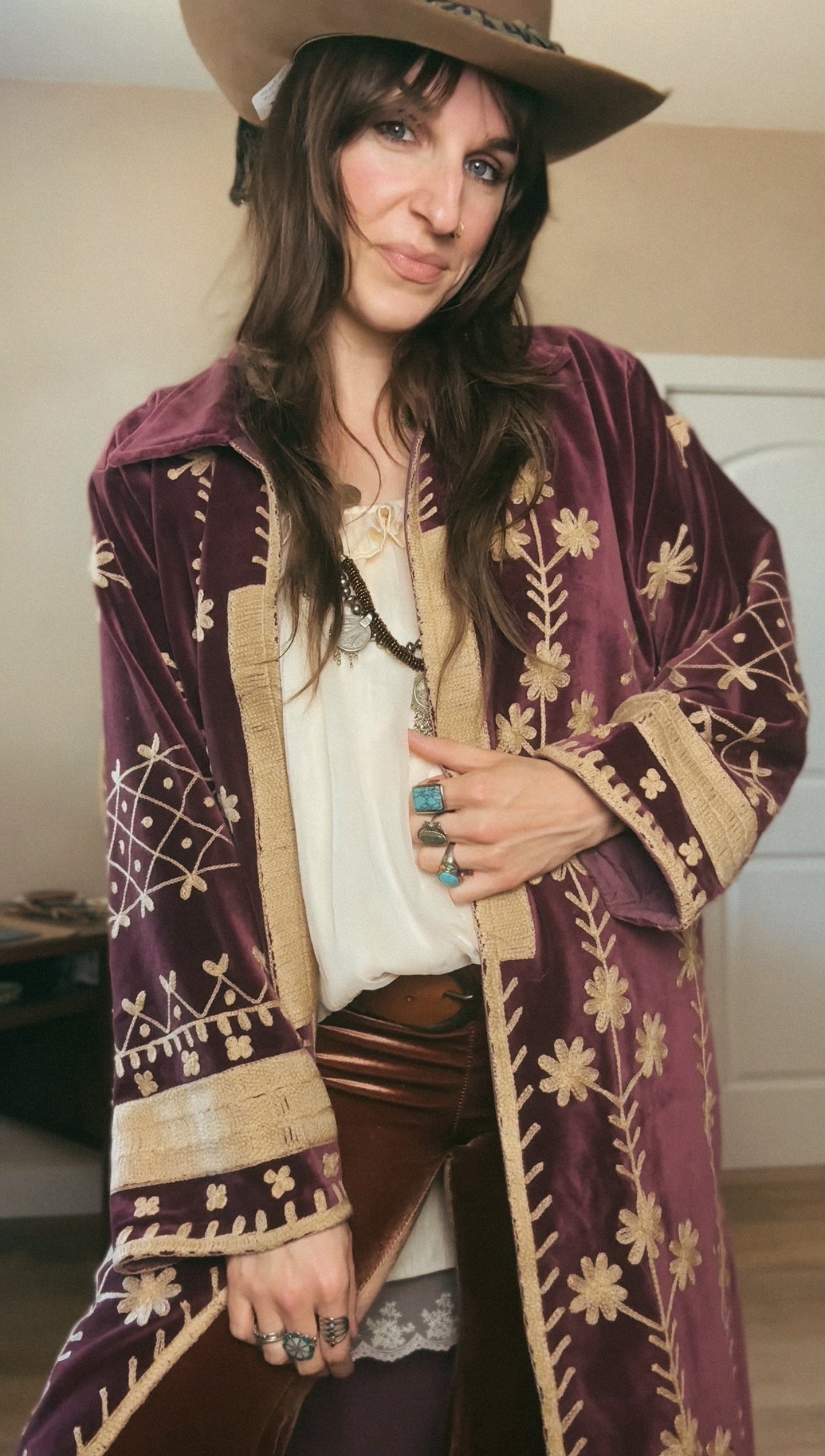 Velvet Vetiver Duster Embroidered Coat (Indigo w/ Beige Stitching)