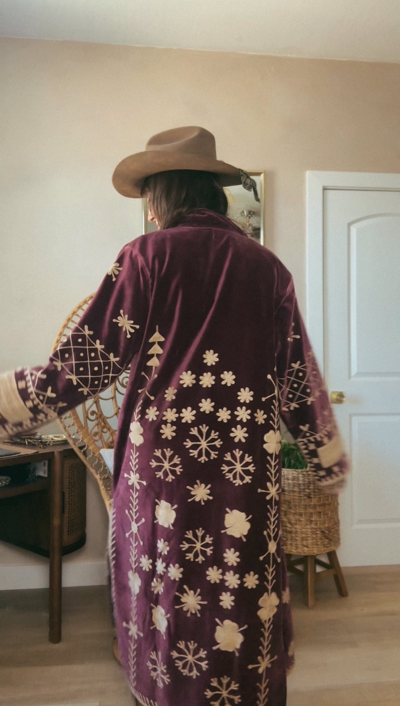 Velvet Duster Trench Coat (Grey w/ Maroon and Mustard Stitching)