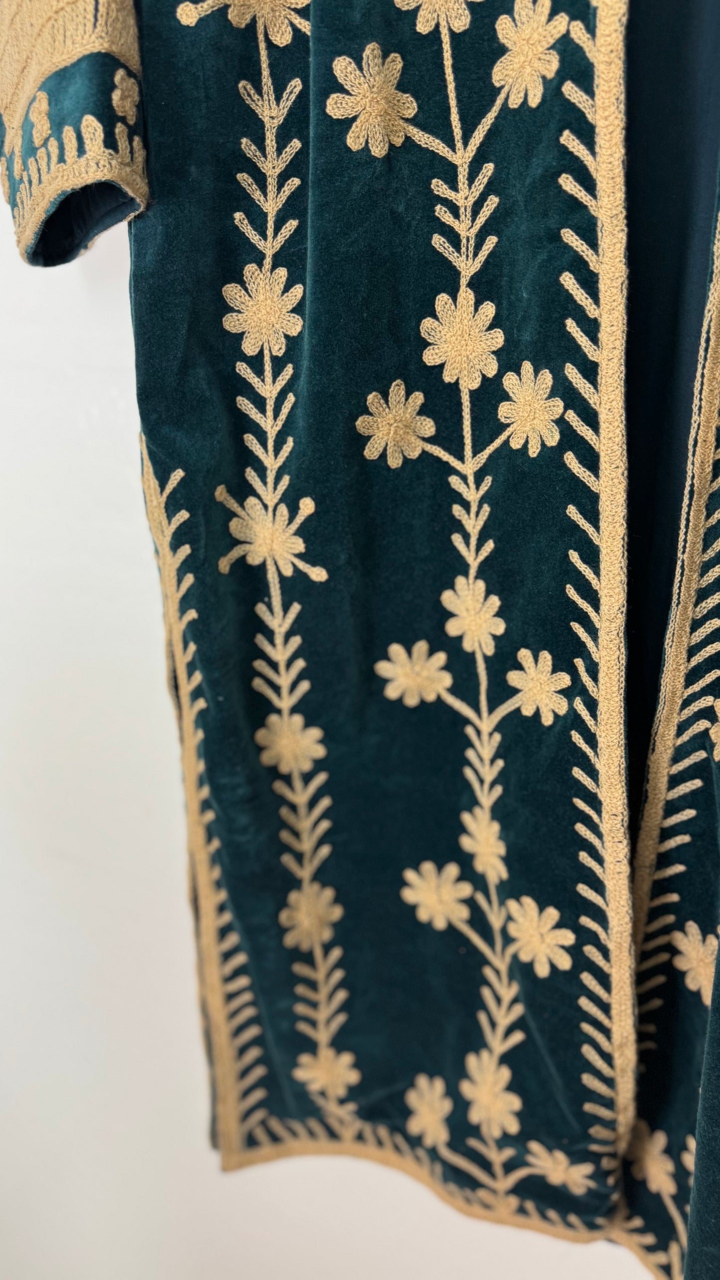 Velvet Vetiver Duster Embroidered Coat (Indigo w/ Beige Stitching)