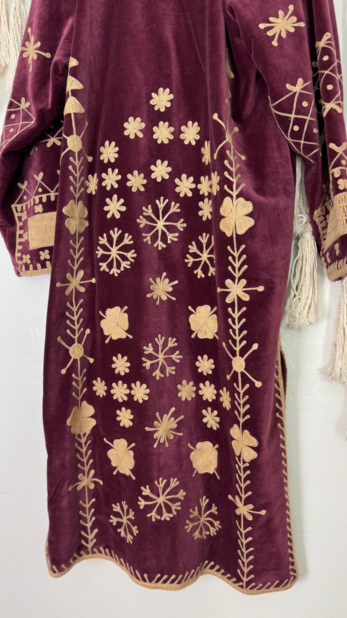 Velvet Vetiver Duster Embroidered Coat (Plum w/ Beige Stitching)