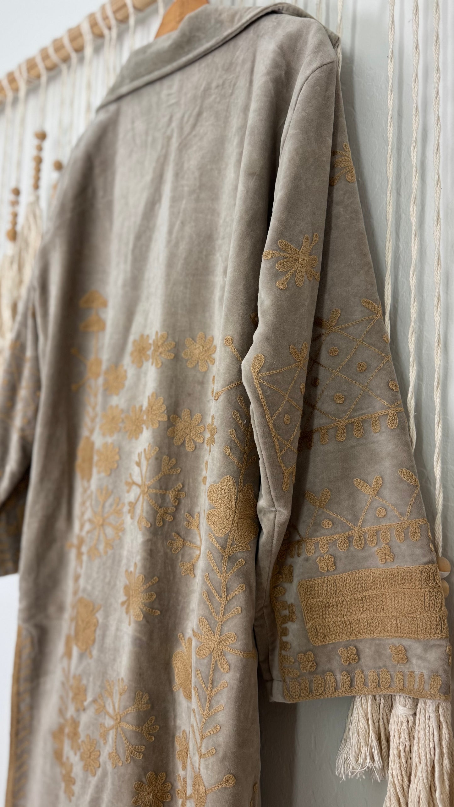 Velvet Vetiver Duster Embroidered Coat (Grey w/ Beige Stitching)