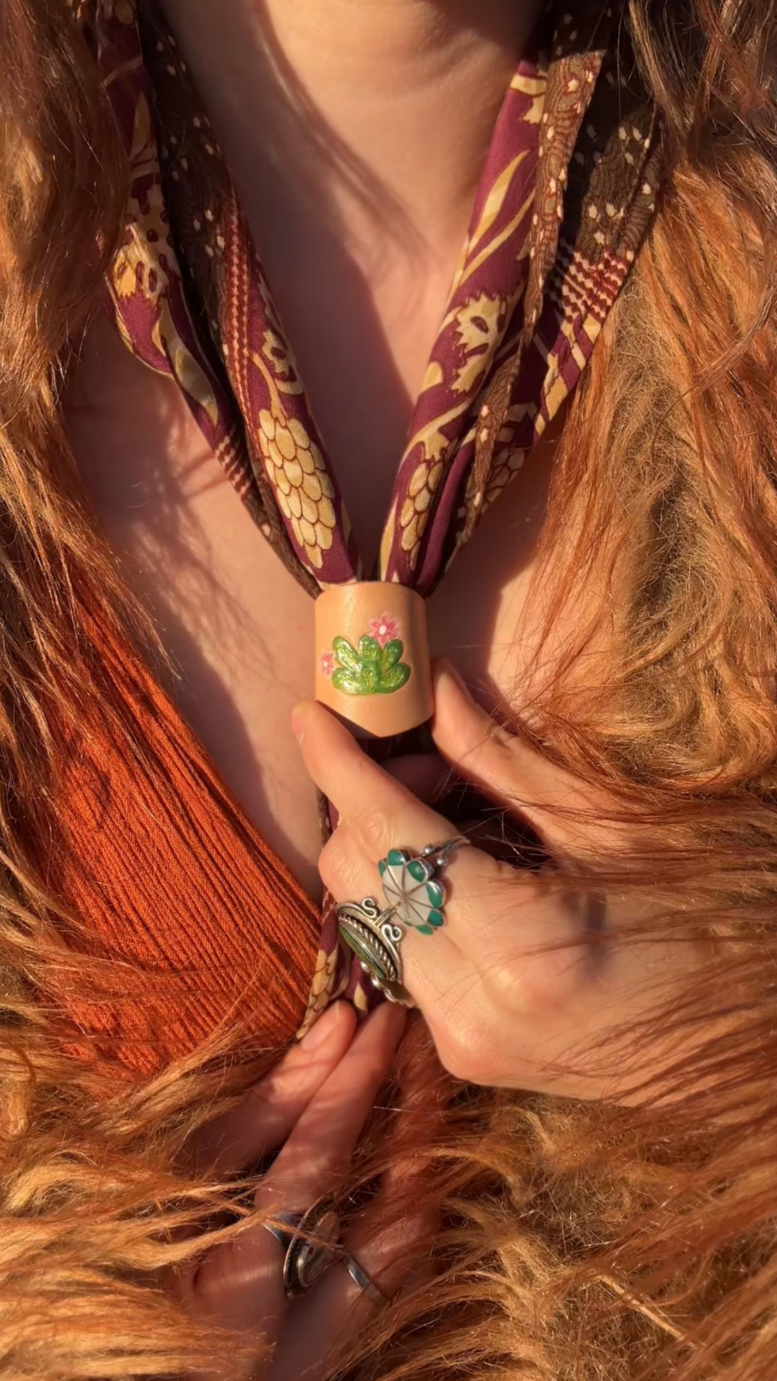 Leather Handcrafted Bolo Slide - Cactus Blossom