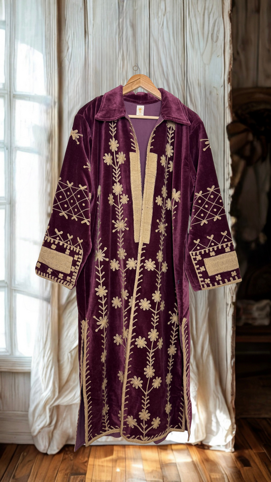 Velvet Duster Trench Coat (Plum w/ Beige Stitching)