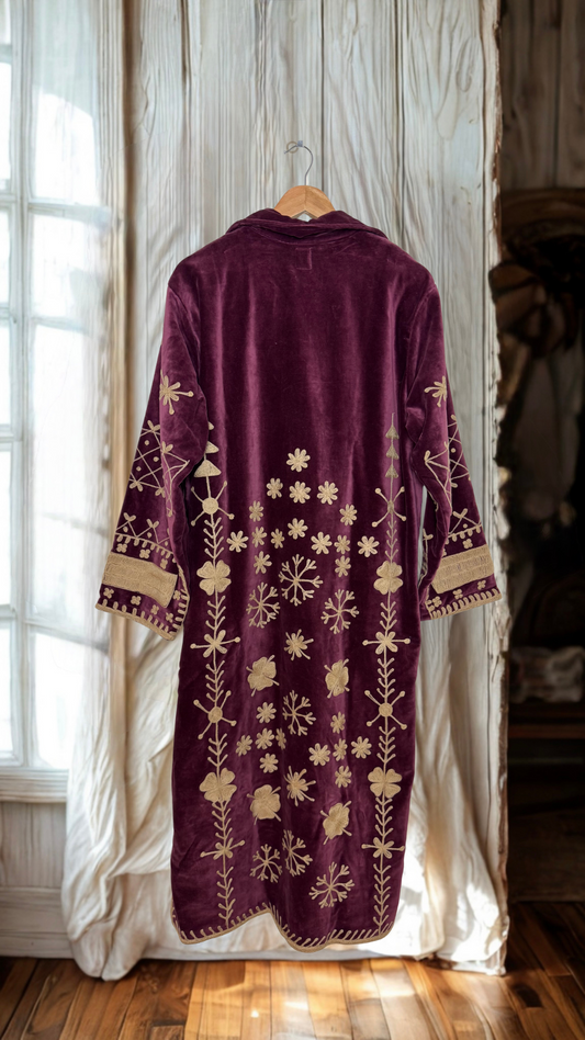 Velvet Duster Trench Coat (Plum w/ Beige Stitching)