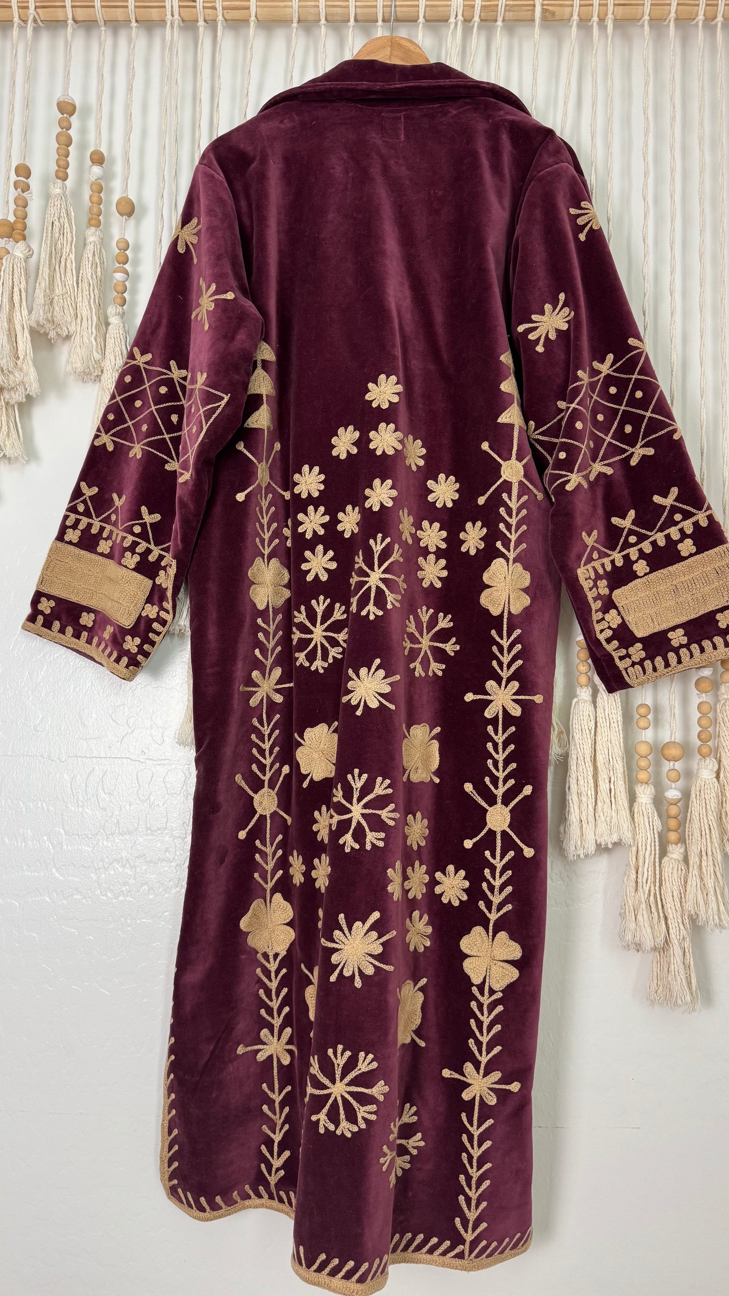 Velvet Vetiver Duster Embroidered Coat (Plum w/ Beige Stitching)