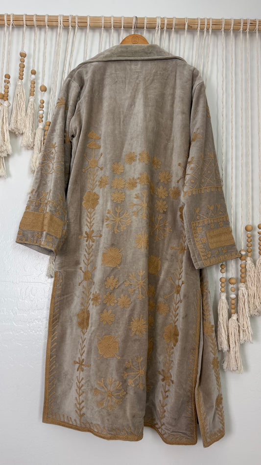Velvet Vetiver Duster Embroidered Coat (Grey w/ Beige Stitching)