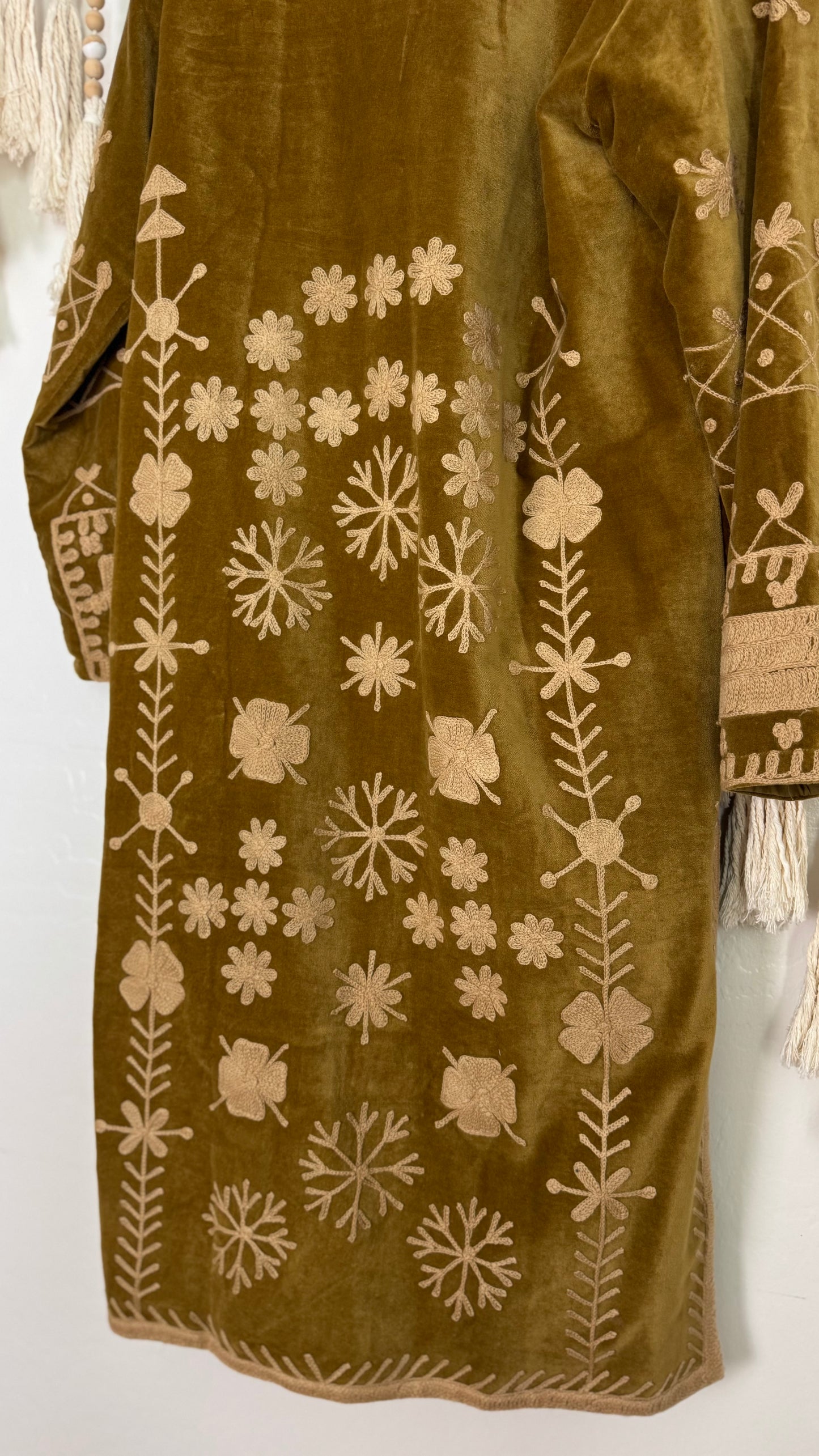 Velvet Vetiver Duster Embroidered Coat (Gold w/ Beige Stitching)