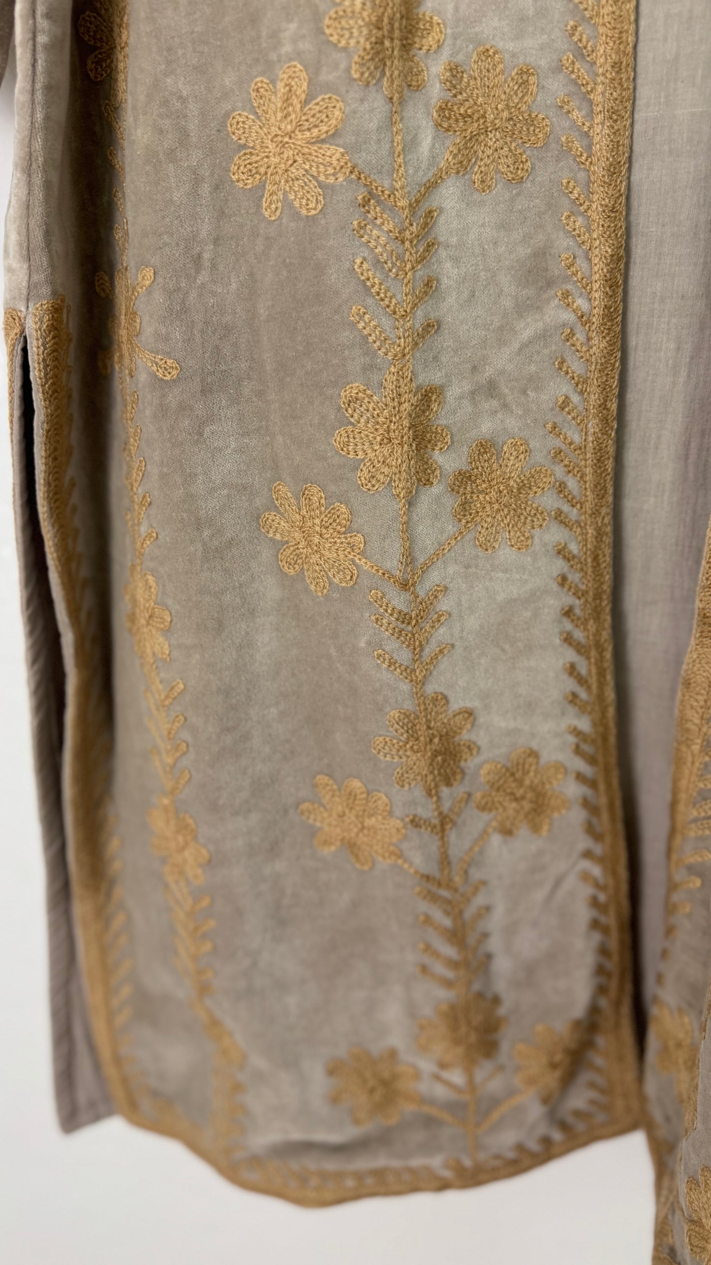 Velvet Vetiver Duster Embroidered Coat (Grey w/ Beige Stitching)