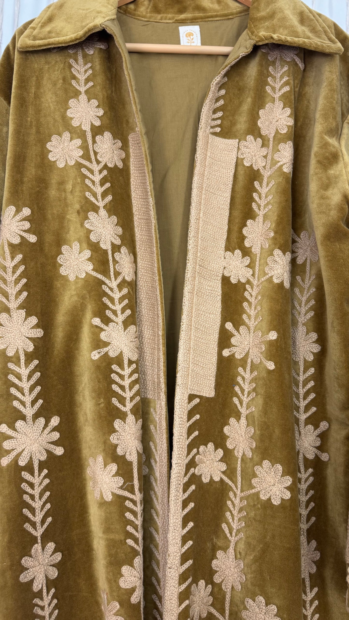 Velvet Vetiver Duster Embroidered Coat (Gold w/ Beige Stitching)