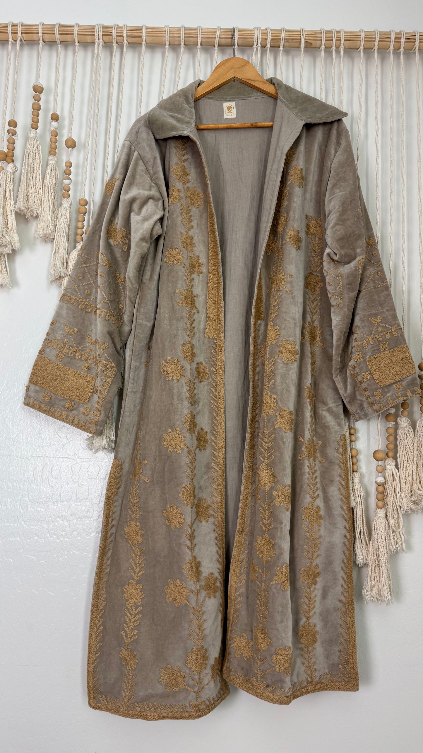 Velvet Vetiver Duster Embroidered Coat (Grey w/ Beige Stitching)