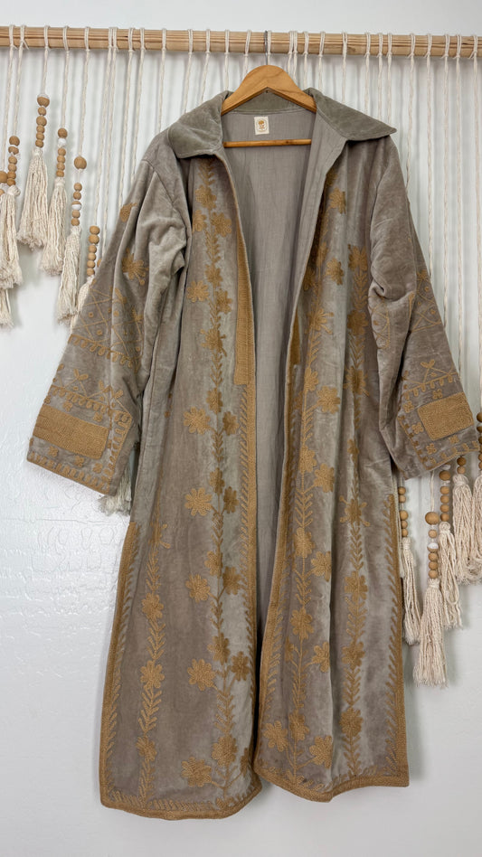Velvet Vetiver Duster Embroidered Coat (Grey w/ Beige Stitching)