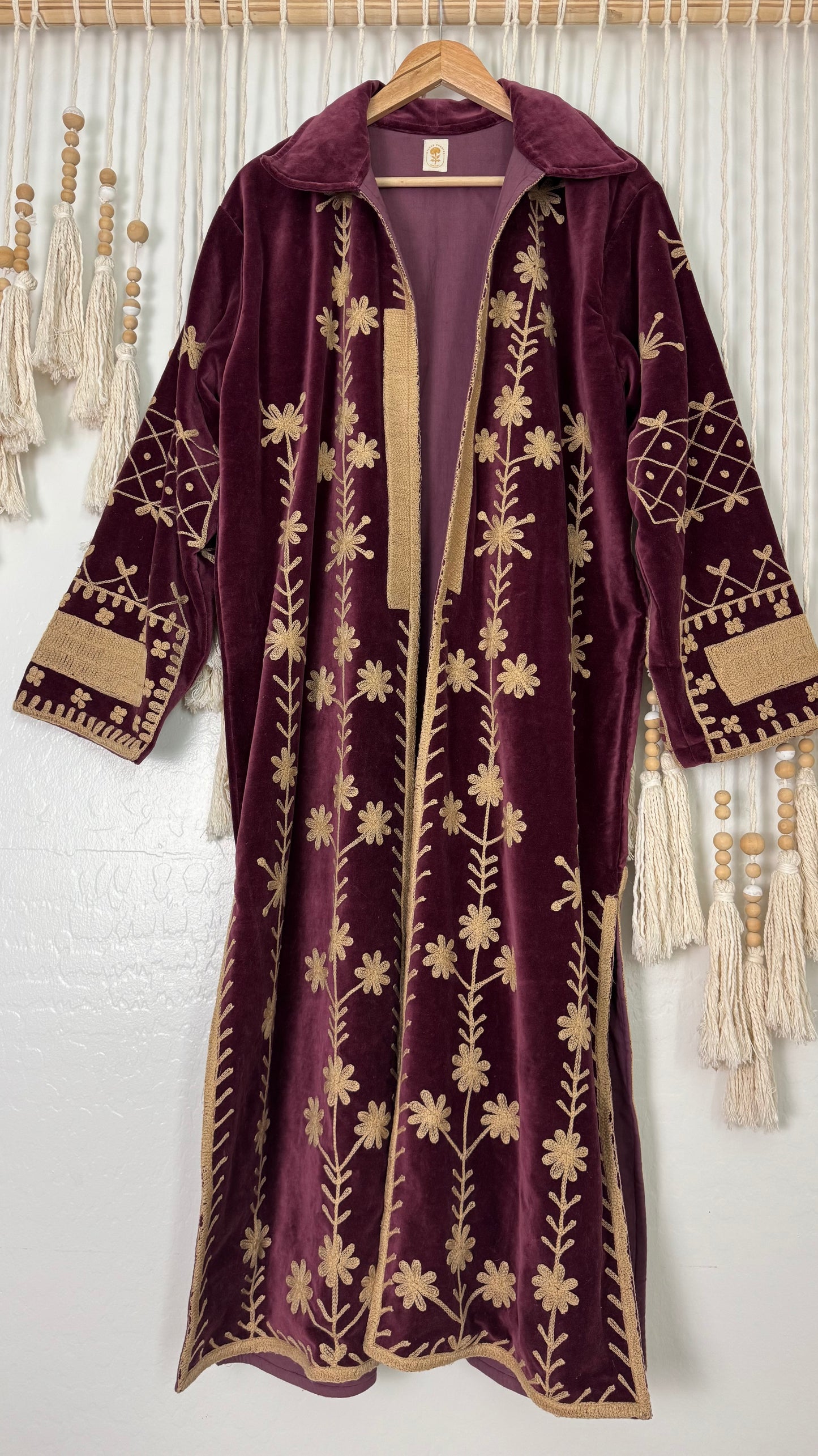 Velvet Vetiver Duster Embroidered Coat (Plum w/ Beige Stitching)