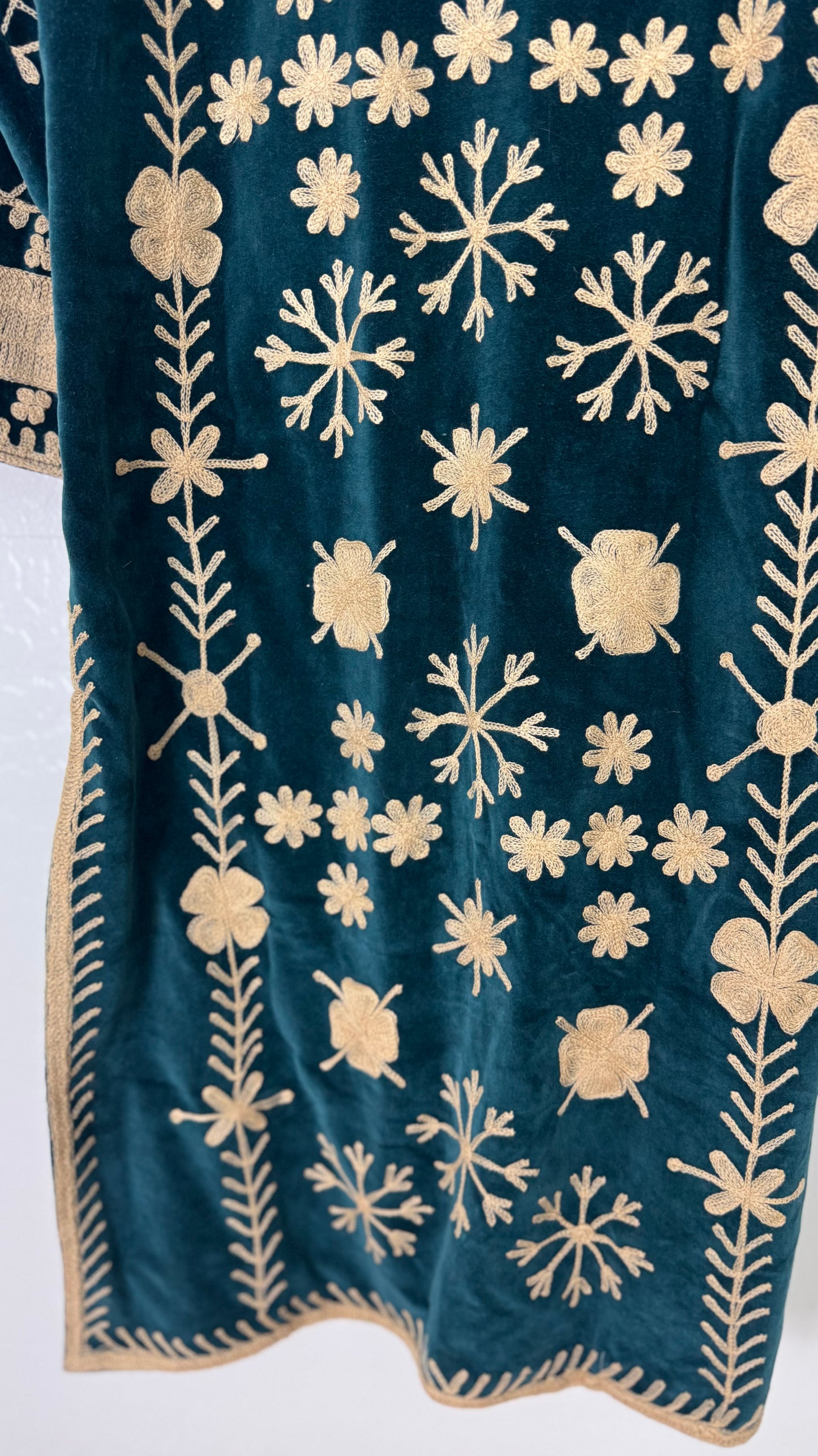 Velvet Vetiver Duster Embroidered Coat (Indigo w/ Beige Stitching)