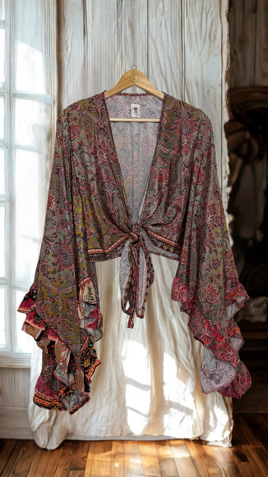 Bell Sleeve Silk Wrap Tie Top 001