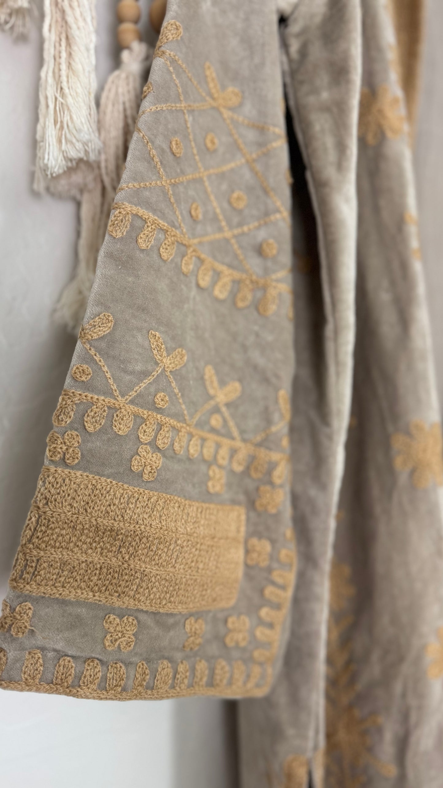 Velvet Vetiver Duster Embroidered Coat (Grey w/ Beige Stitching)