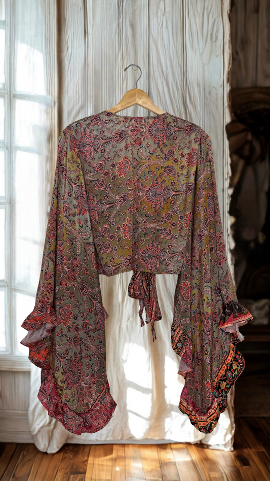 Bell Sleeve Silk Wrap Tie Top 001