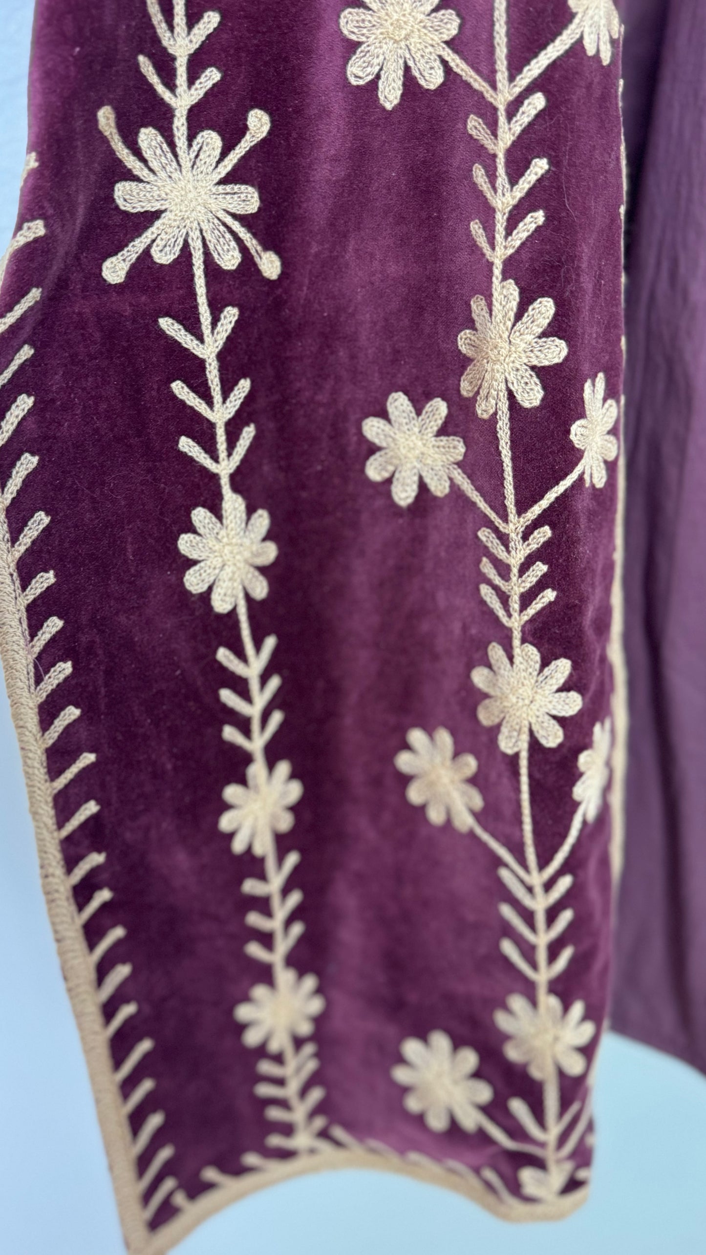 Velvet Vetiver Duster Embroidered Coat (Plum w/ Beige Stitching)