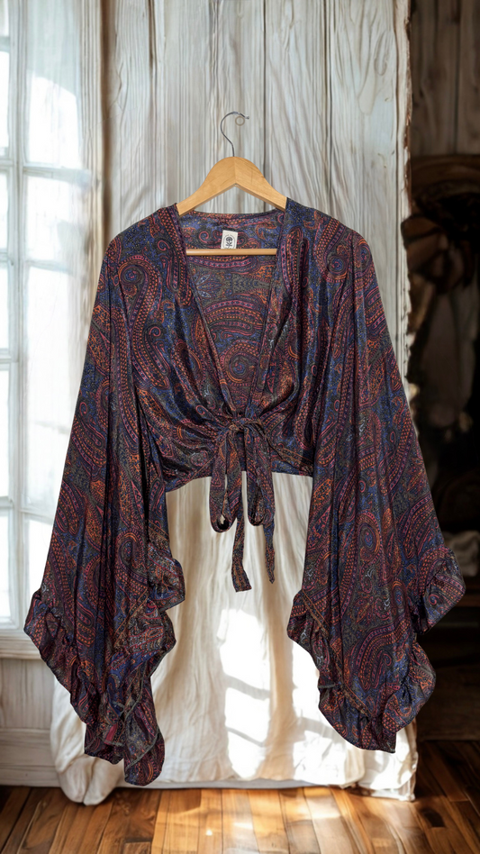 Bell Sleeve Silk Wrap Tie Top 002