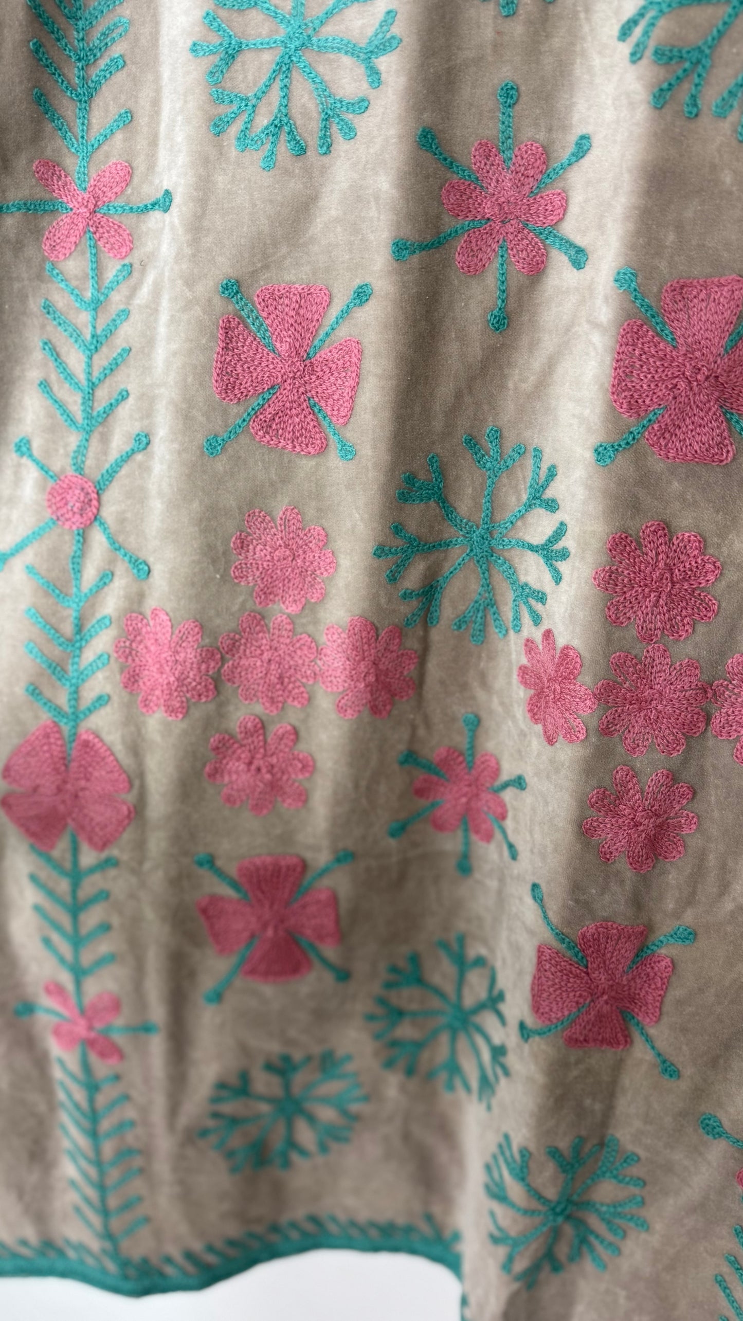 Velvet Vetiver Duster Embroidered Coat (Grey w/ Pink and Turquoise Stitching)