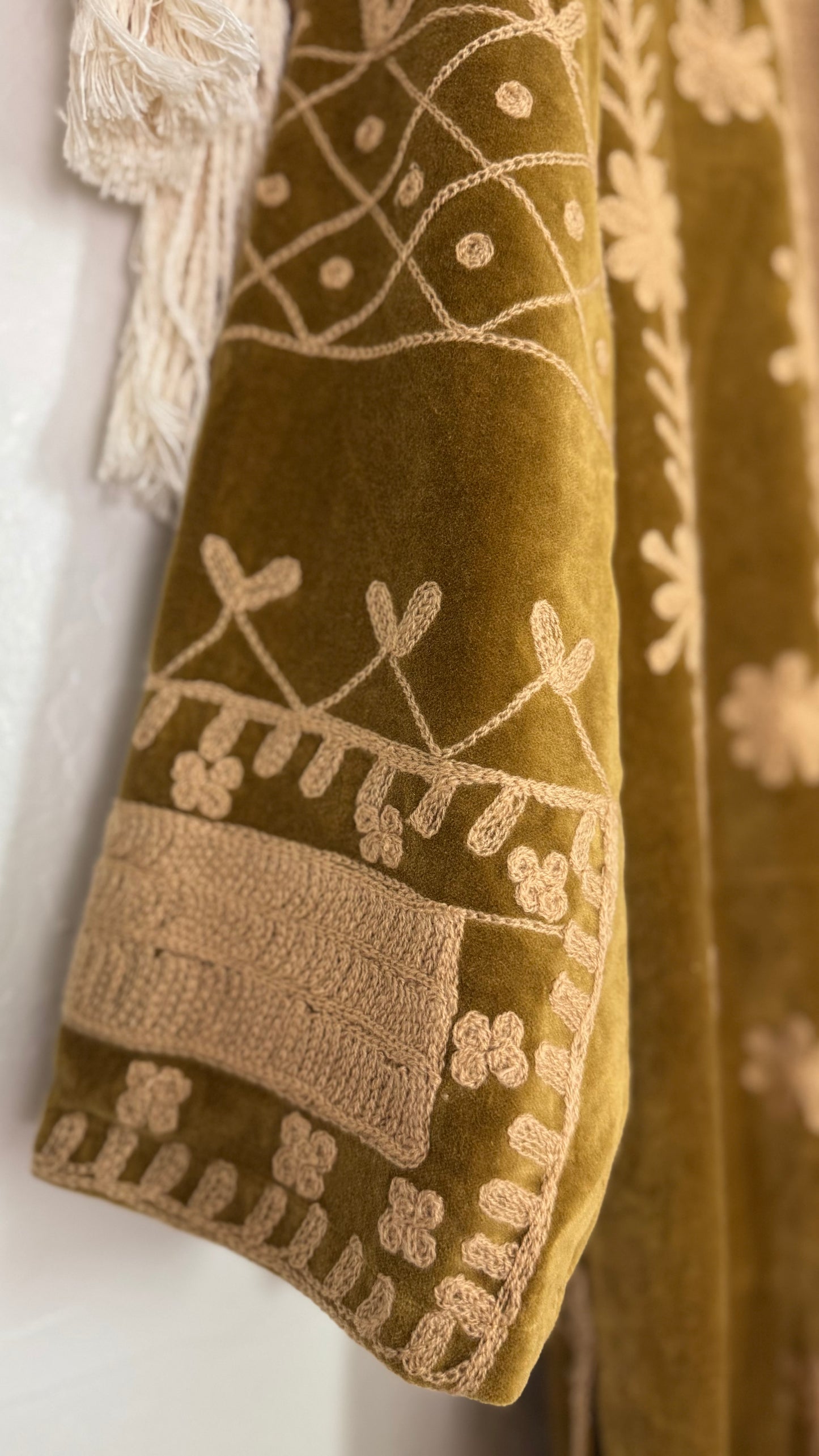 Velvet Vetiver Duster Embroidered Coat (Gold w/ Beige Stitching)