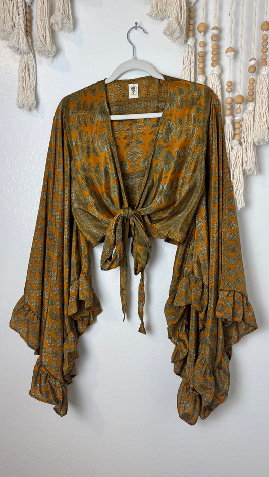 Bell Sleeve Silk Wrap Tie Top 013
