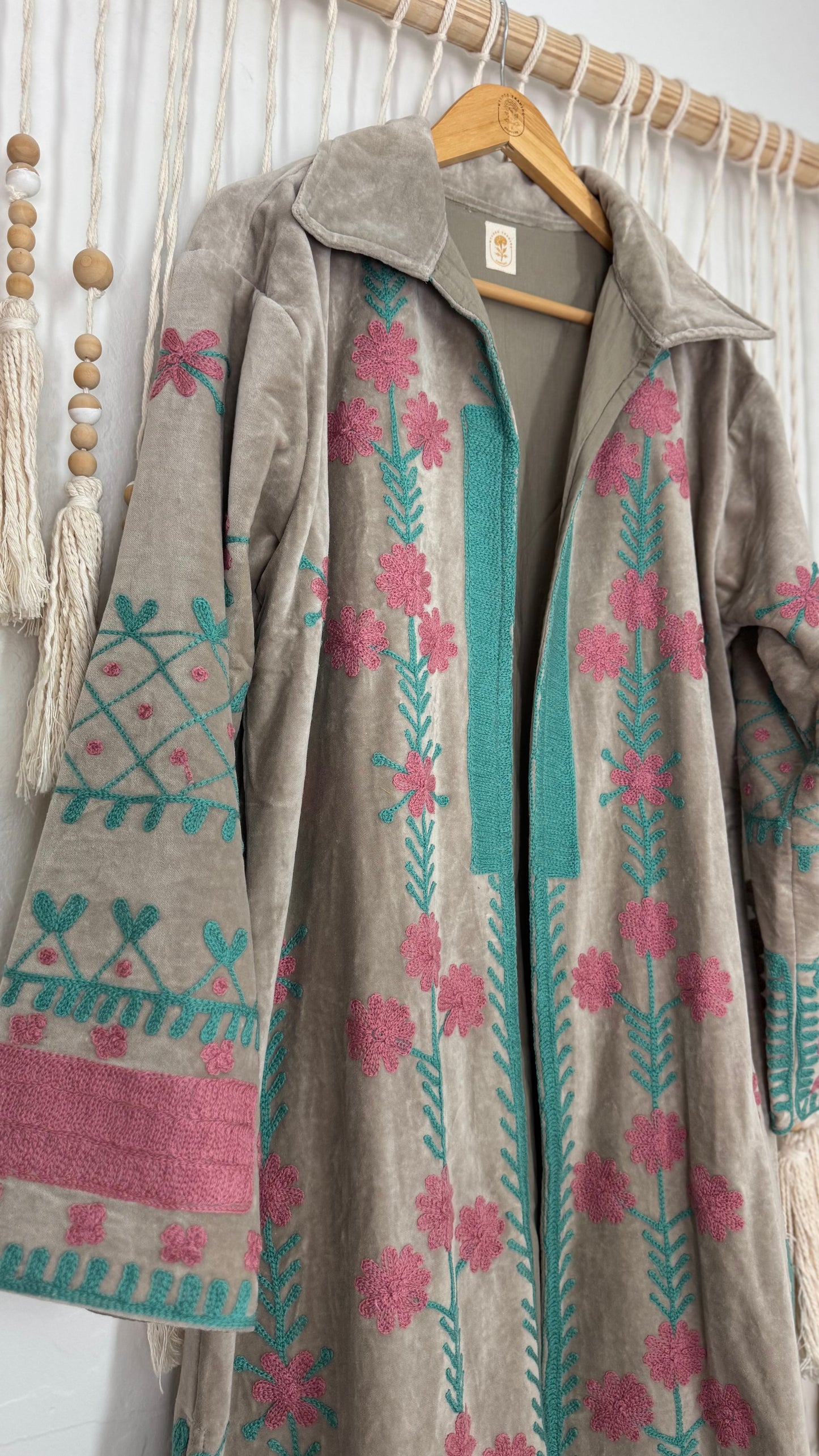 Velvet Vetiver Duster Embroidered Coat (Grey w/ Pink and Turquoise Stitching)