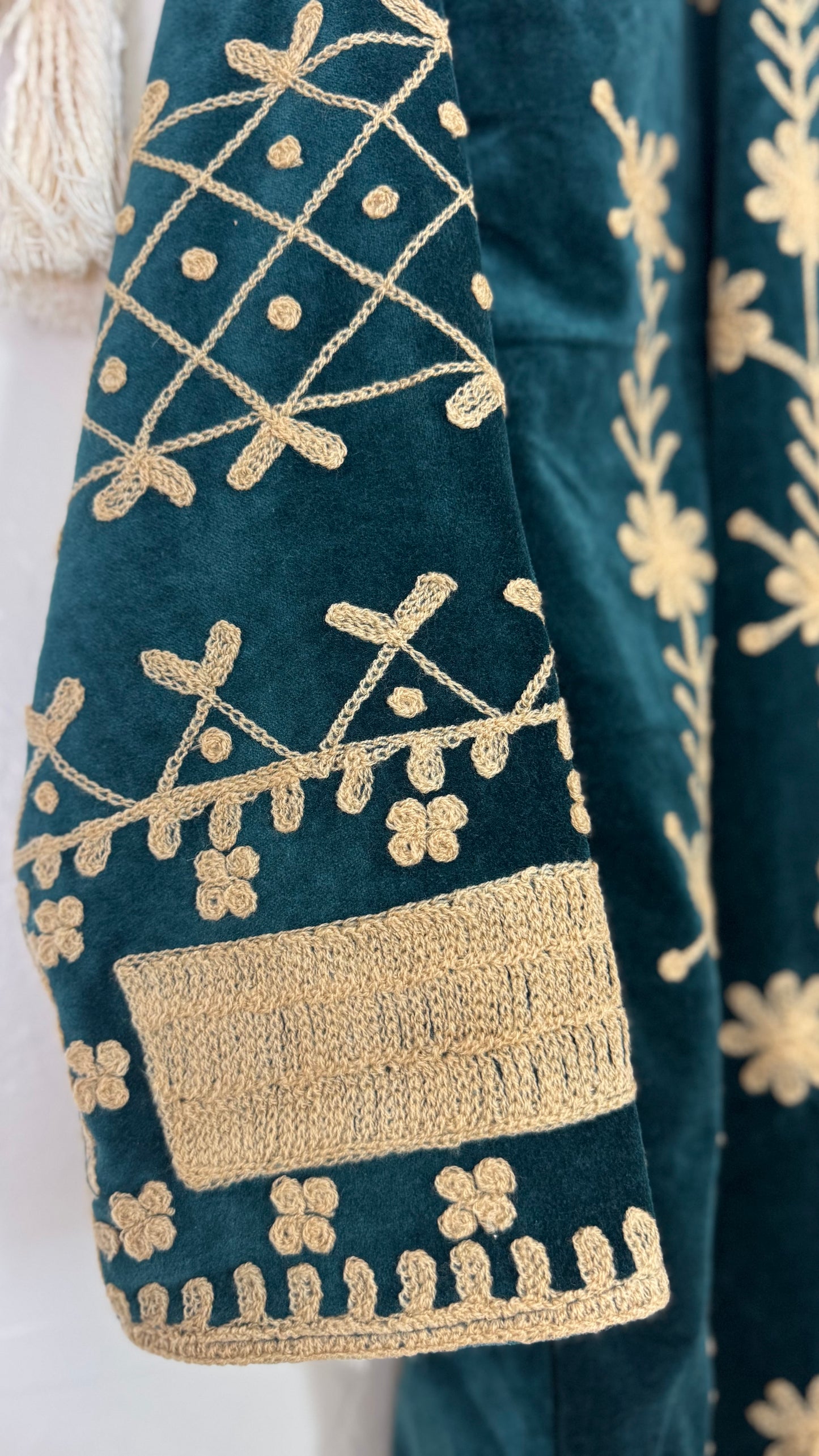 Velvet Vetiver Duster Embroidered Coat (Indigo w/ Beige Stitching)