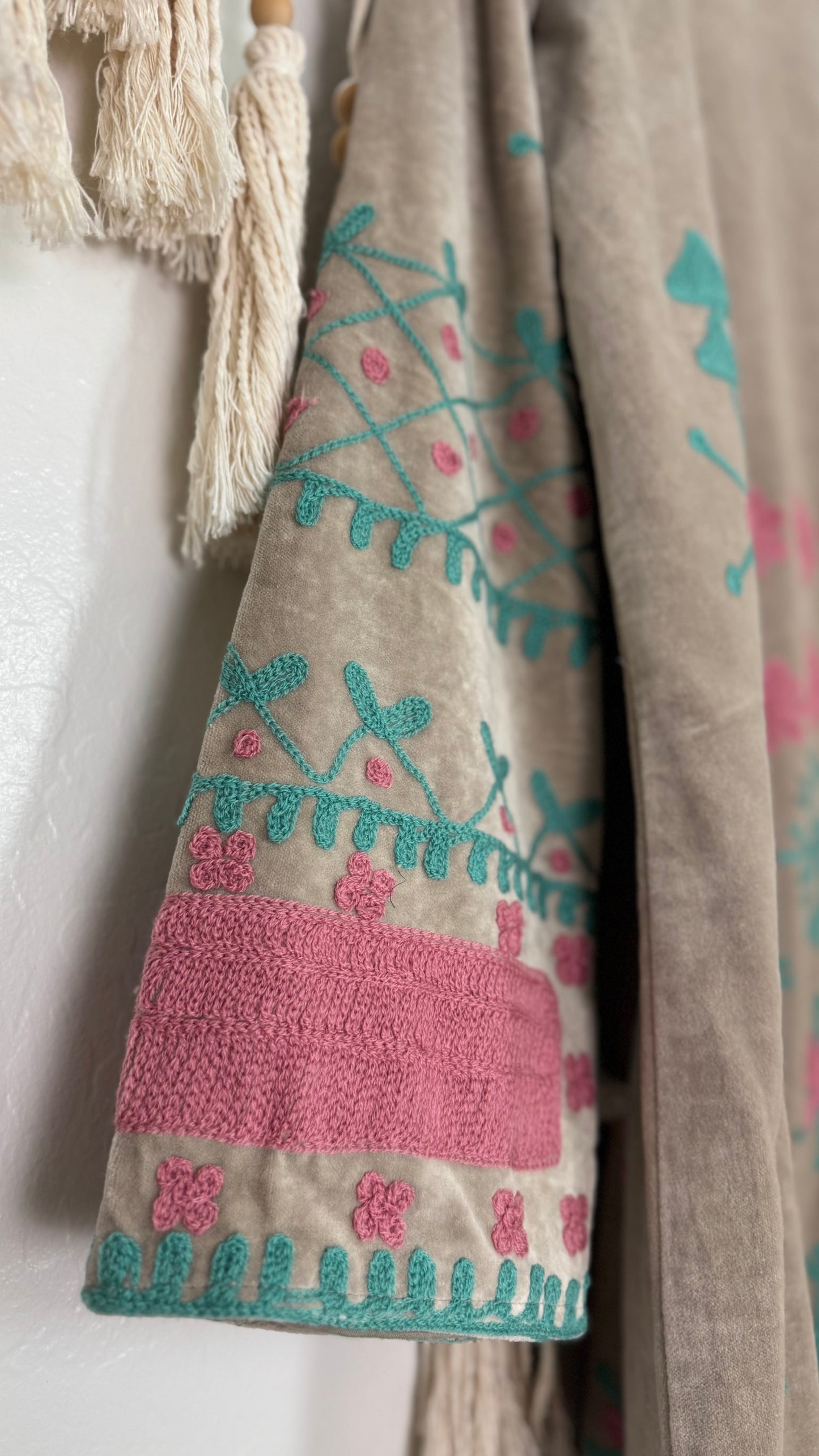Velvet Vetiver Duster Embroidered Coat (Grey w/ Pink and Turquoise Stitching)