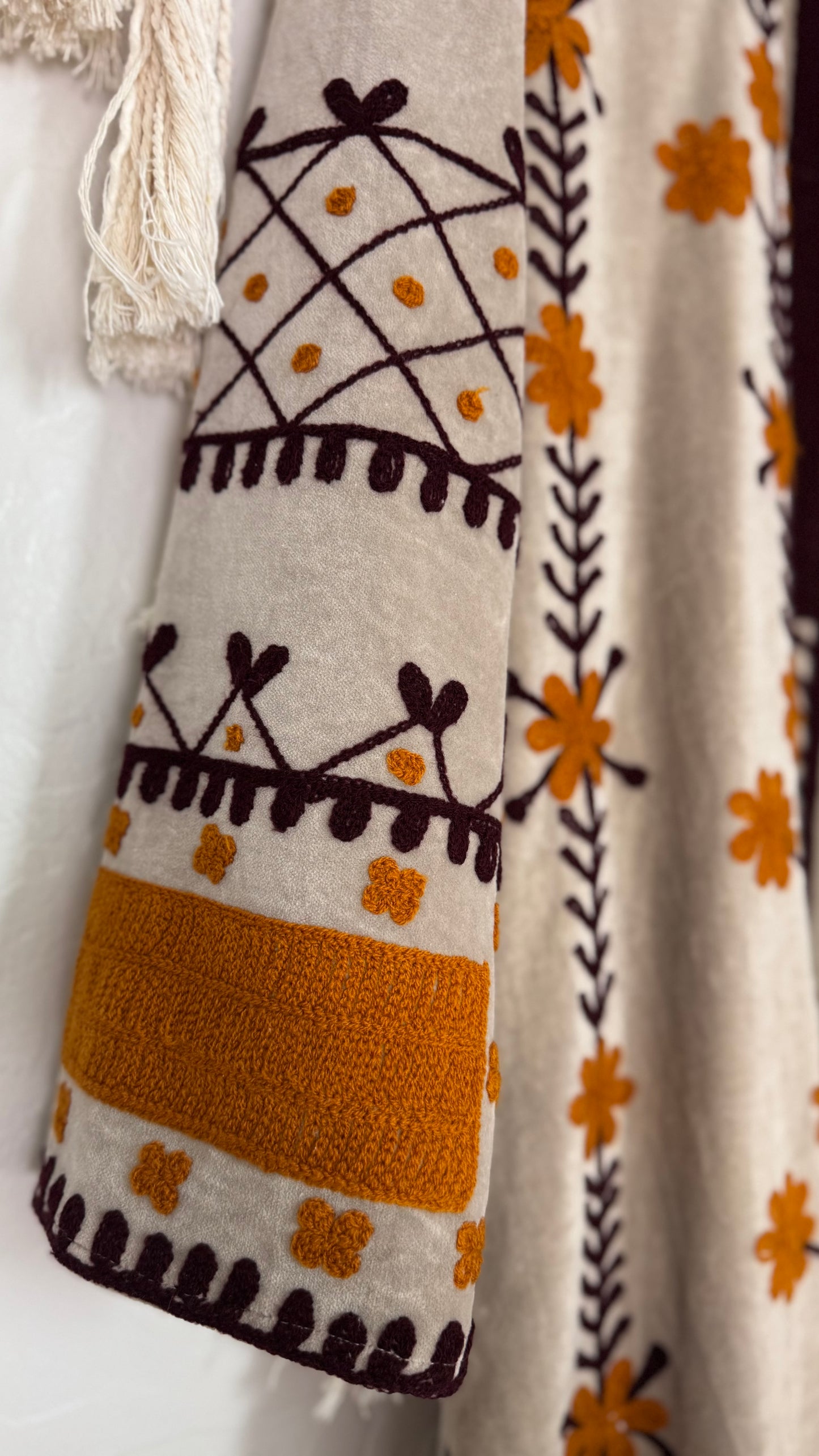 Velvet Vetiver Duster Embroidered Coat (Grey w/ Maroon and Mustard Stitching)