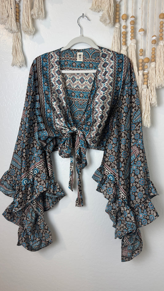 Bell Sleeve Silk Wrap Tie Top 021