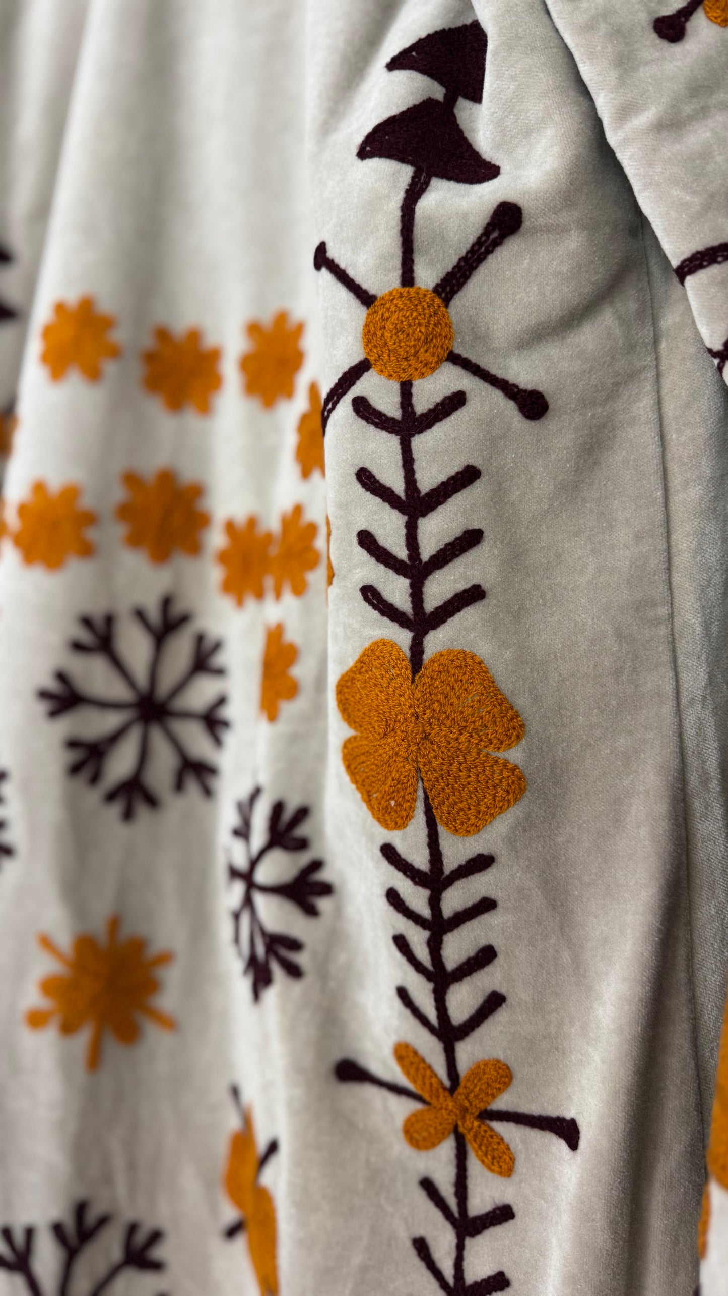 Velvet Vetiver Duster Embroidered Coat (Grey w/ Maroon and Mustard Stitching)