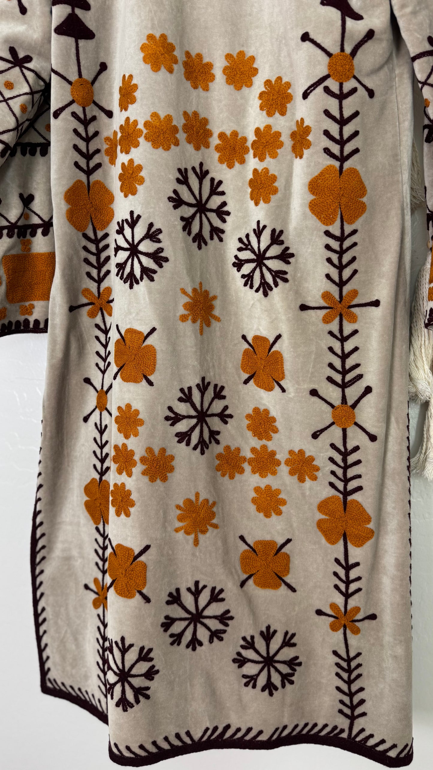 Velvet Vetiver Duster Embroidered Coat (Grey w/ Maroon and Mustard Stitching)