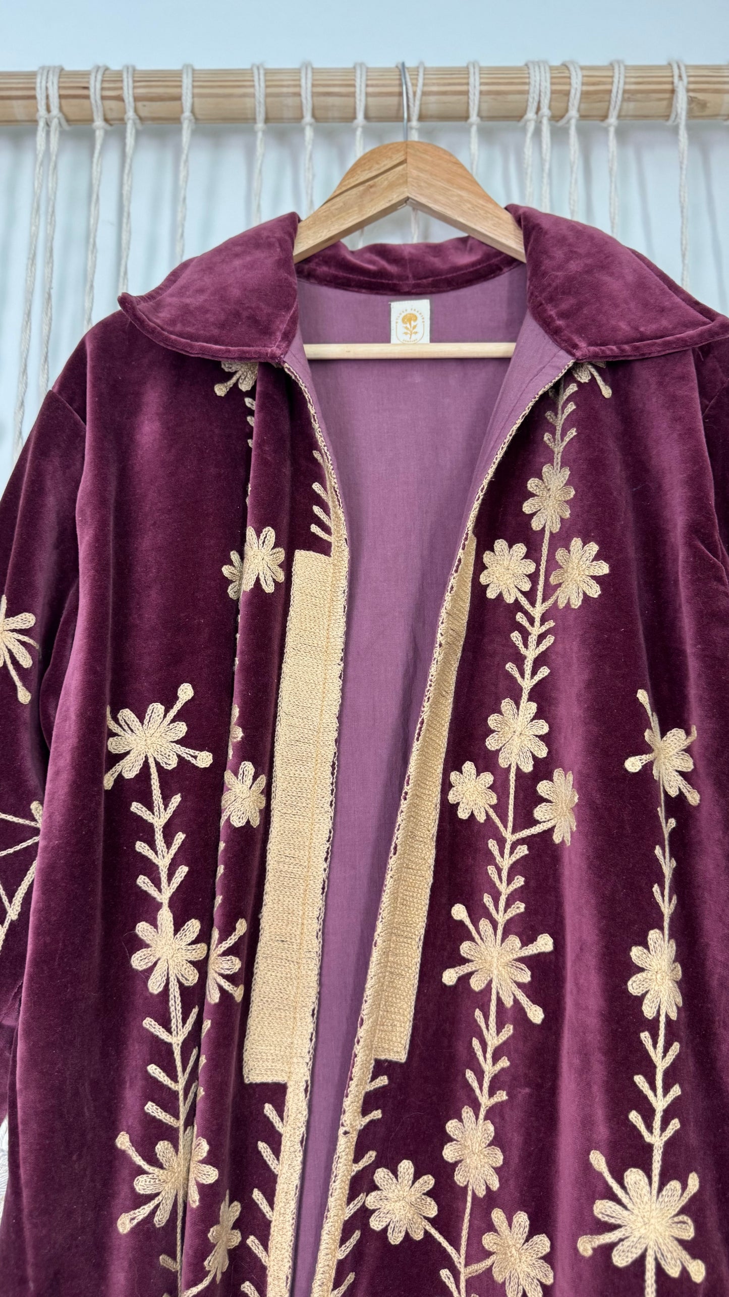 Velvet Vetiver Duster Embroidered Coat (Plum w/ Beige Stitching)