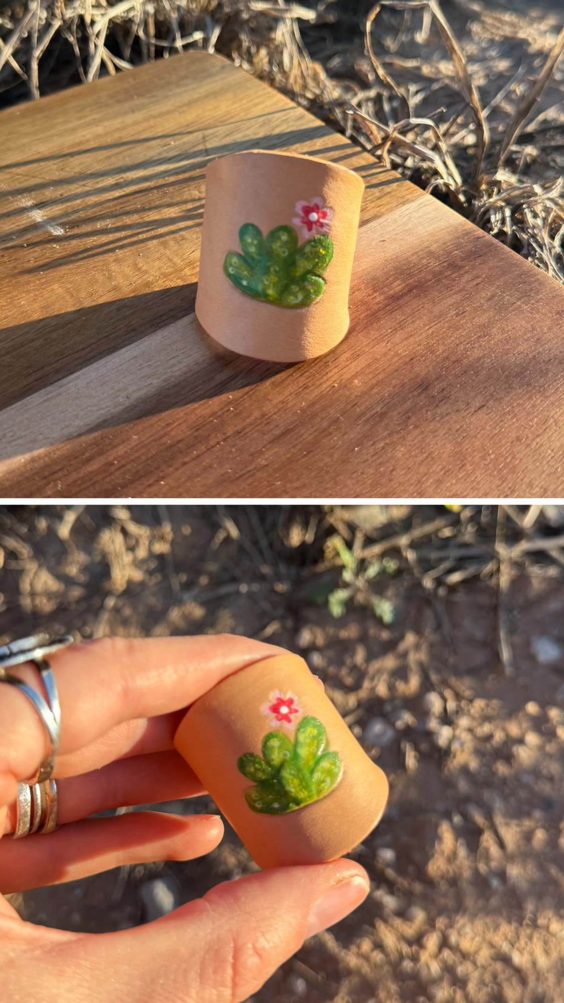 Leather Handcrafted Bolo Slide - Cactus Blossom