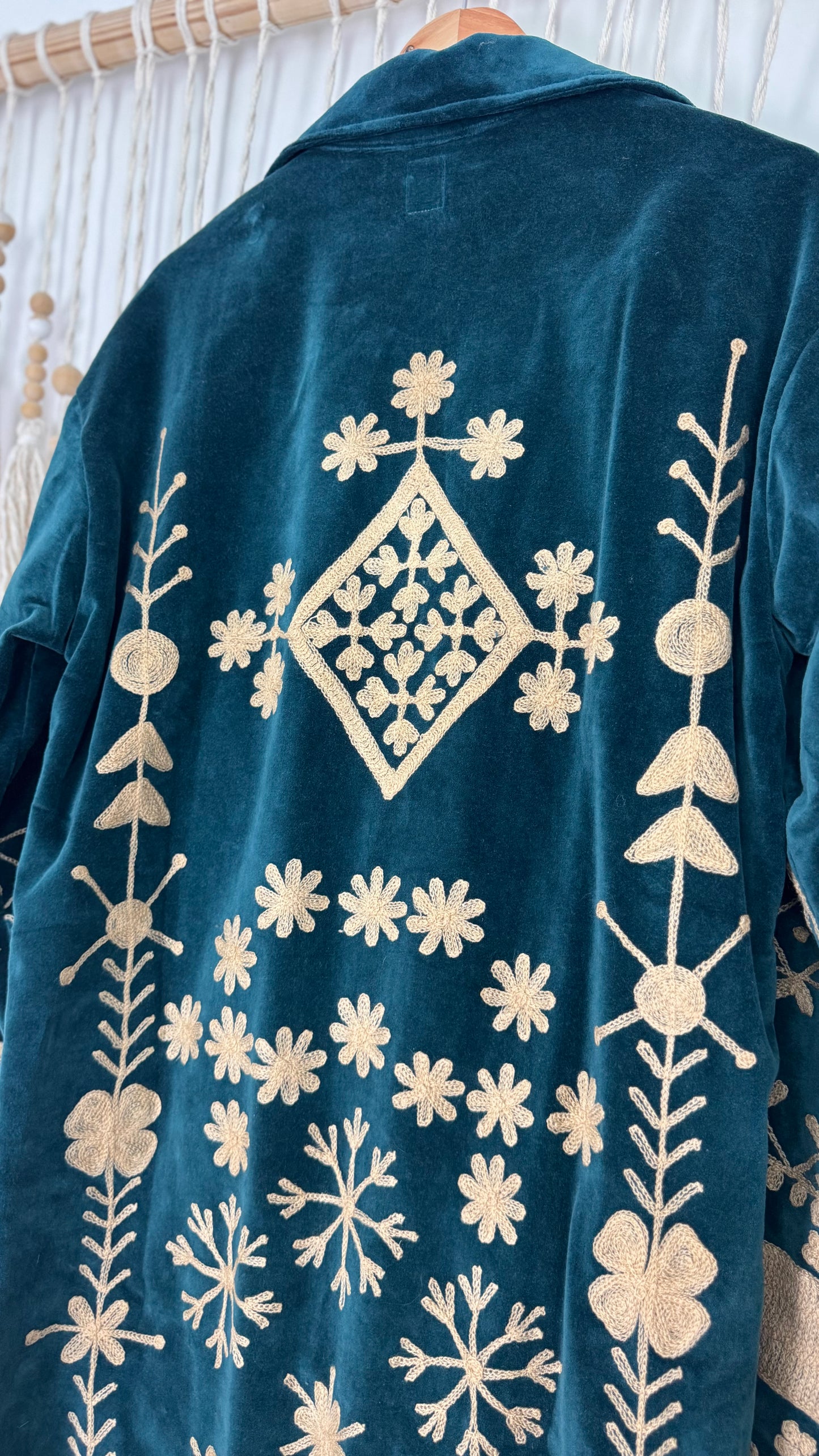 Velvet Vetiver Duster Embroidered Coat (Indigo w/ Beige Stitching)