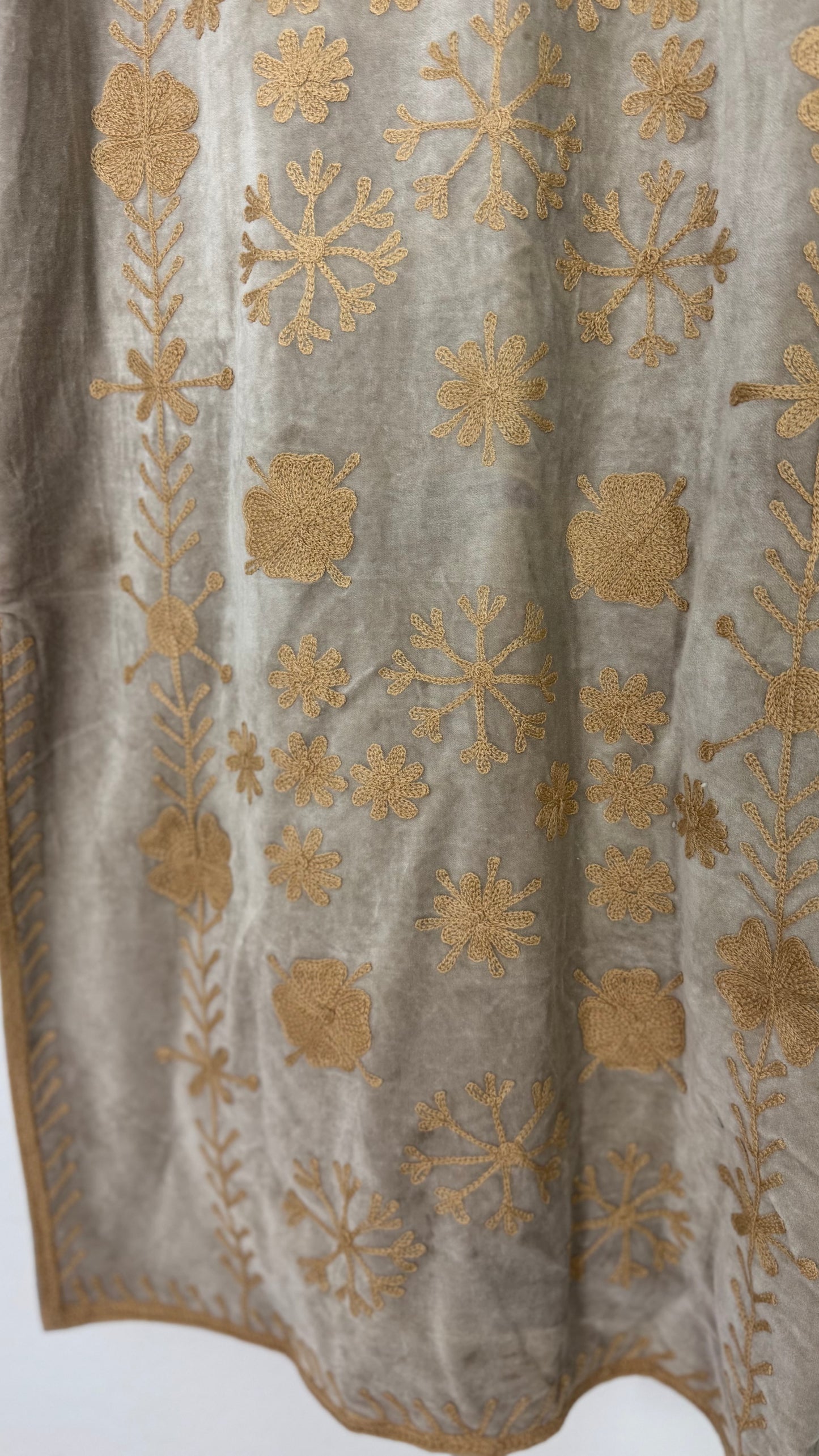 Velvet Vetiver Duster Embroidered Coat (Grey w/ Beige Stitching)