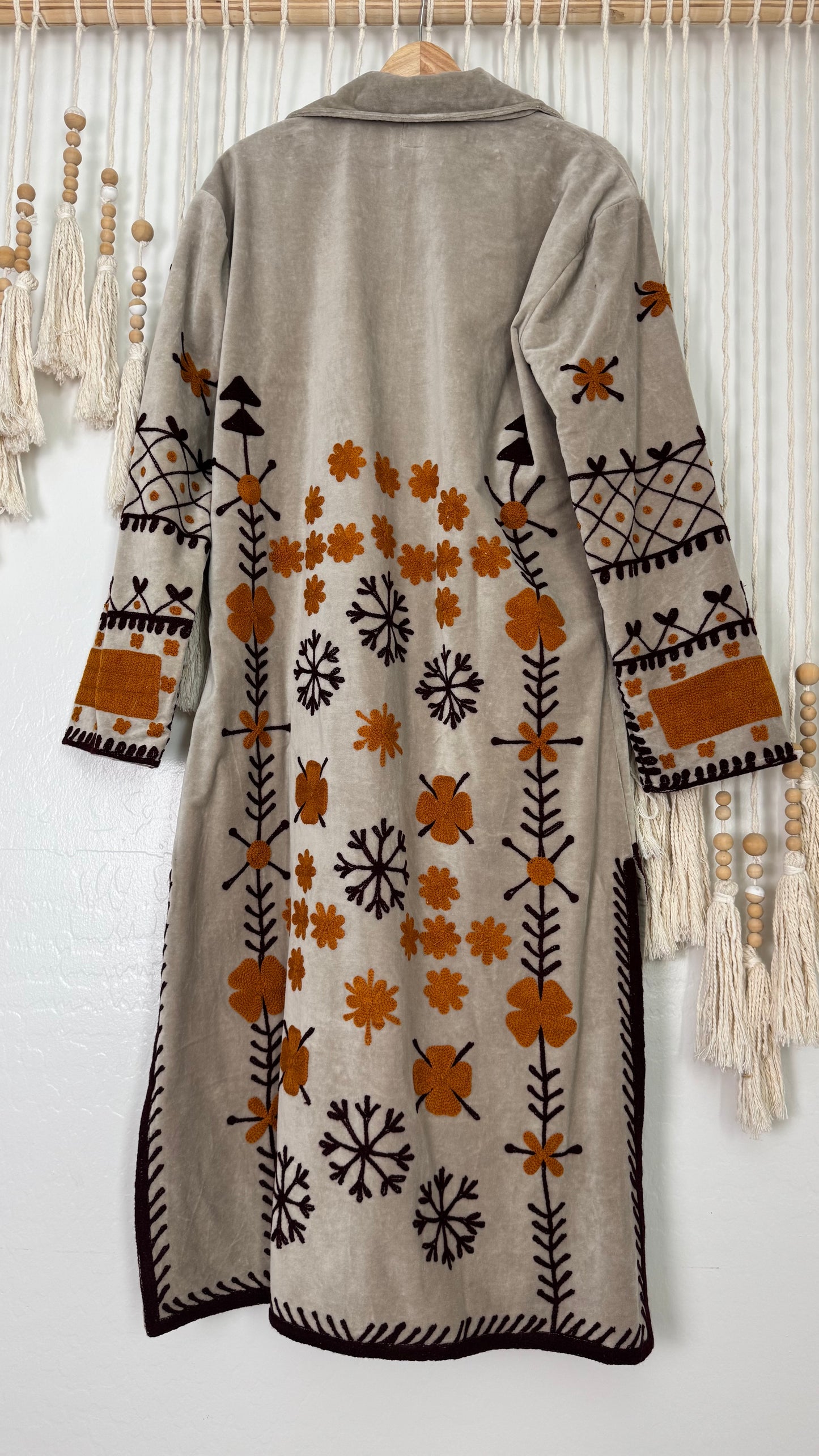 Velvet Vetiver Duster Embroidered Coat (Grey w/ Maroon and Mustard Stitching)