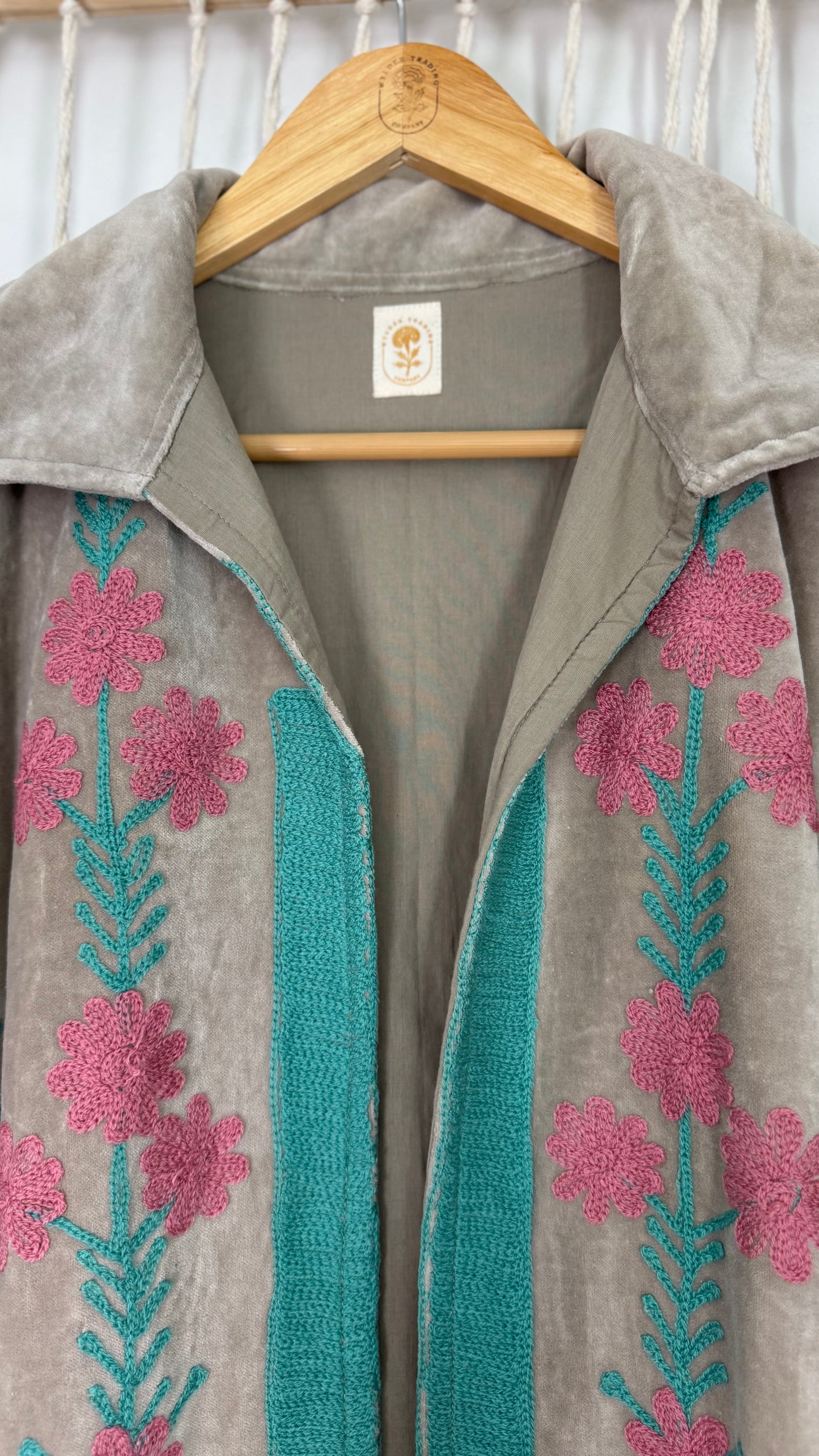 Velvet Vetiver Duster Embroidered Coat (Grey w/ Pink and Turquoise Stitching)