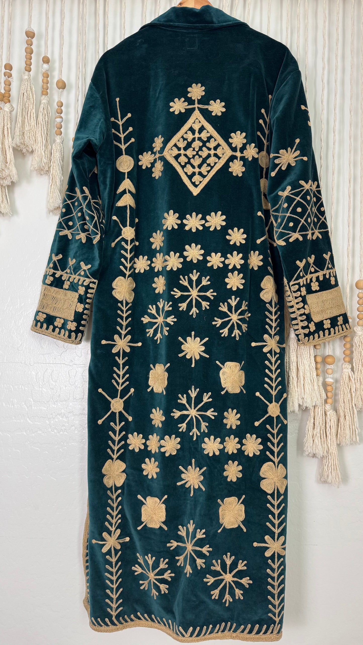 Velvet Vetiver Duster Embroidered Coat (Indigo w/ Beige Stitching)