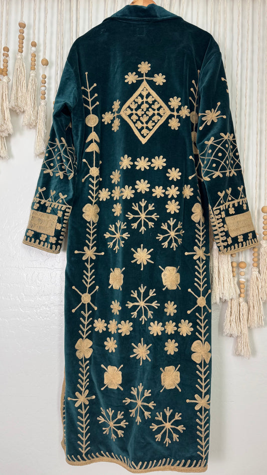 Velvet Vetiver Duster Embroidered Coat (Indigo w/ Beige Stitching)
