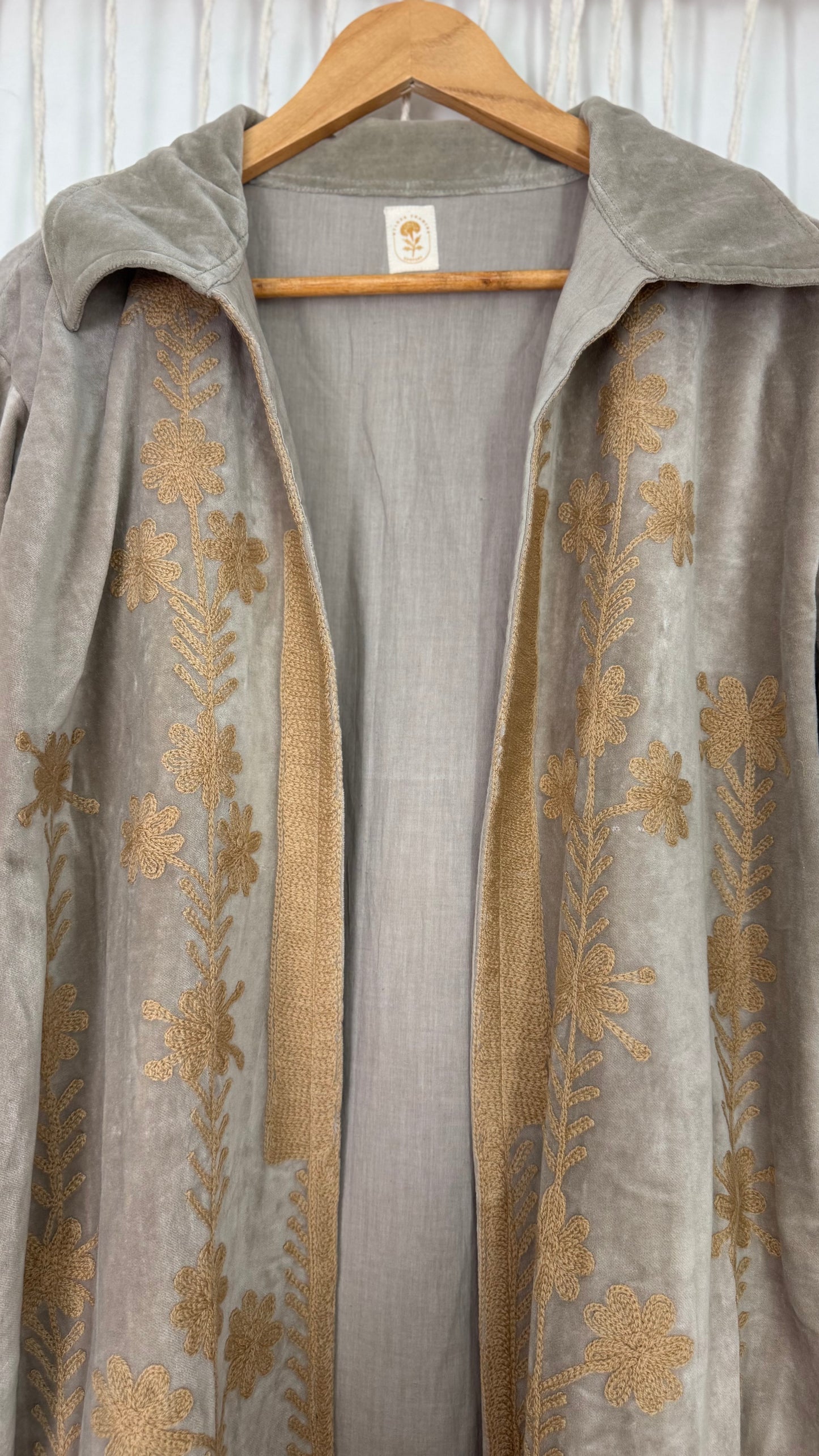Velvet Vetiver Duster Embroidered Coat (Grey w/ Beige Stitching)