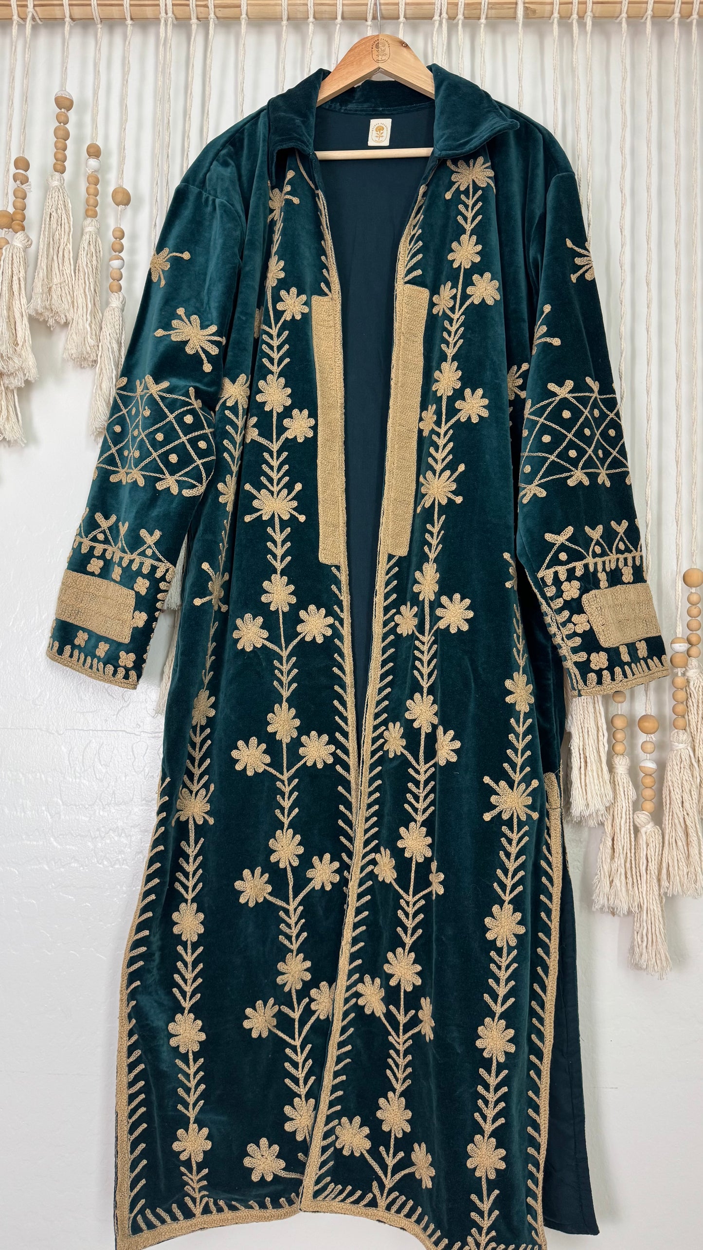 Velvet Vetiver Duster Embroidered Coat (Indigo w/ Beige Stitching)