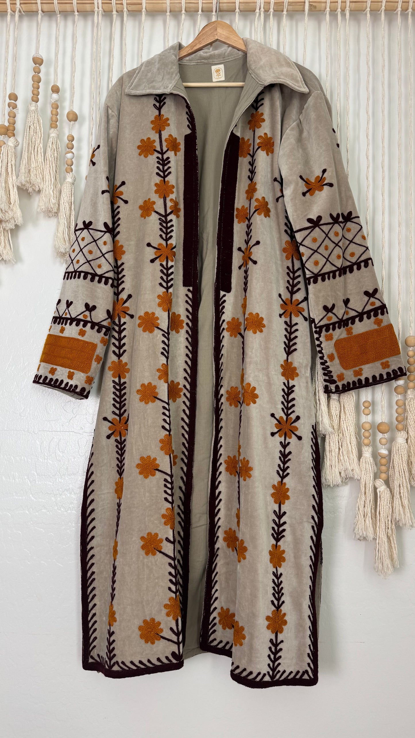Velvet Vetiver Duster Embroidered Coat (Grey w/ Maroon and Mustard Stitching)