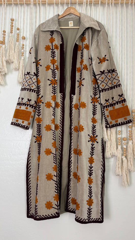 Velvet Vetiver Duster Embroidered Coat (Grey w/ Maroon and Mustard Stitching)