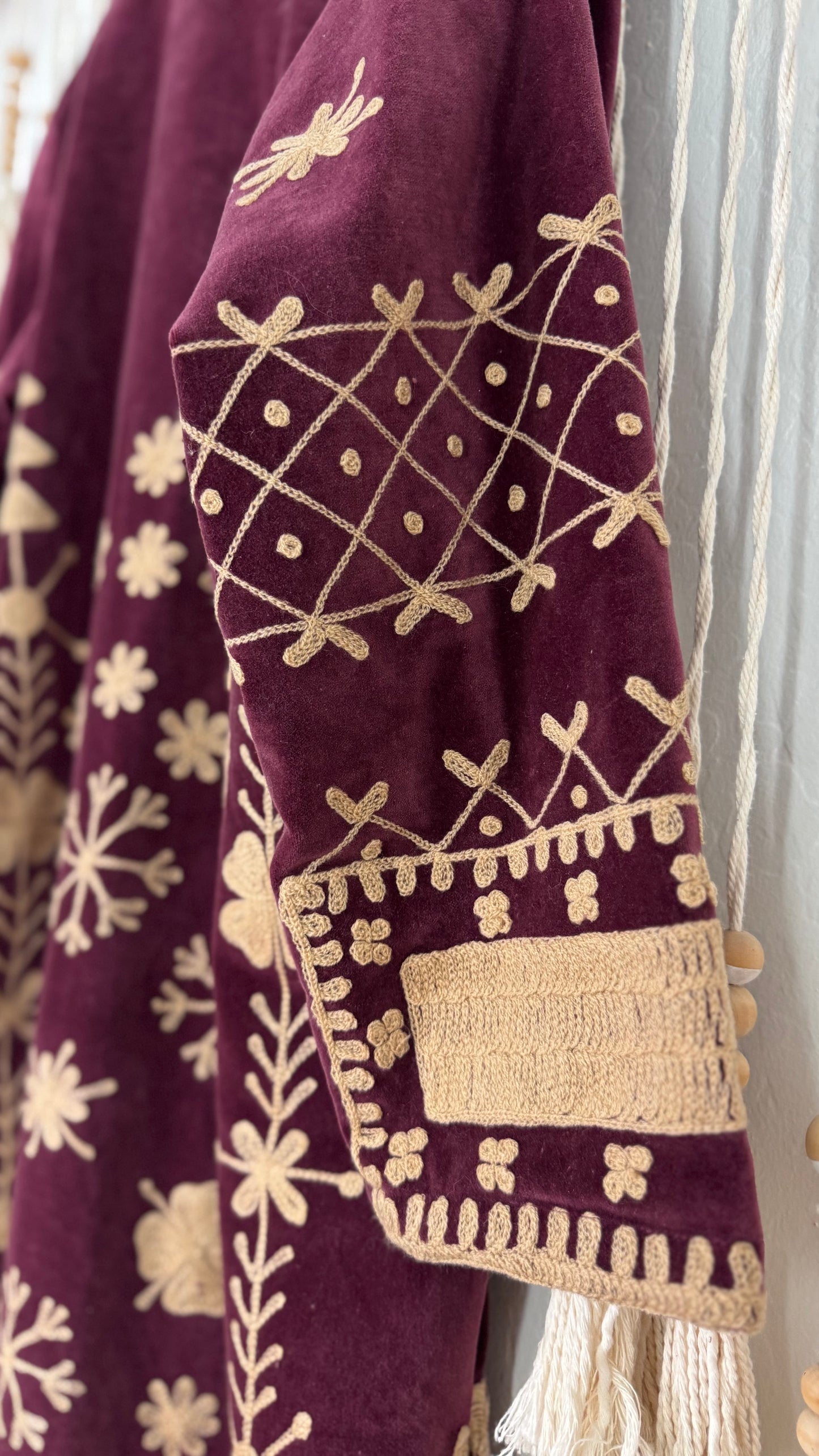 Velvet Vetiver Duster Embroidered Coat (Plum w/ Beige Stitching)