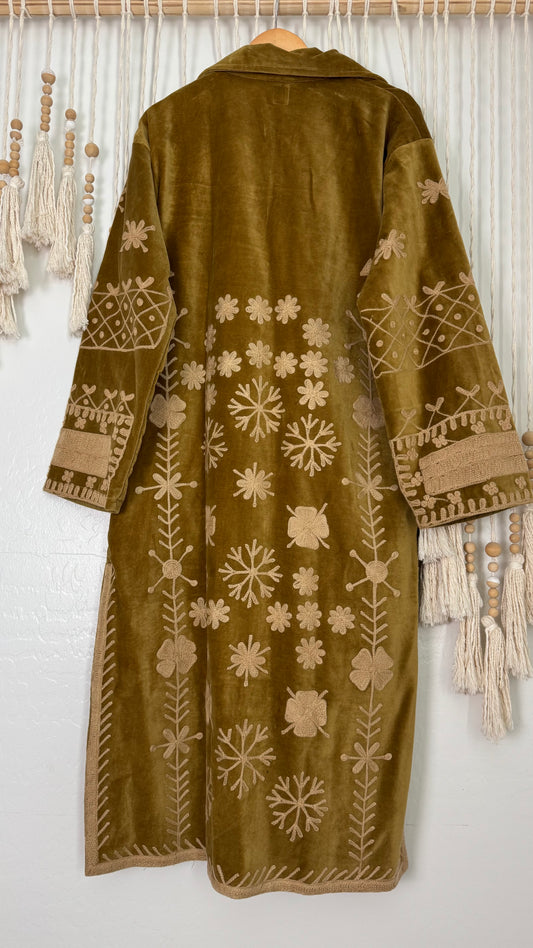 Velvet Vetiver Duster Embroidered Coat (Gold w/ Beige Stitching)
