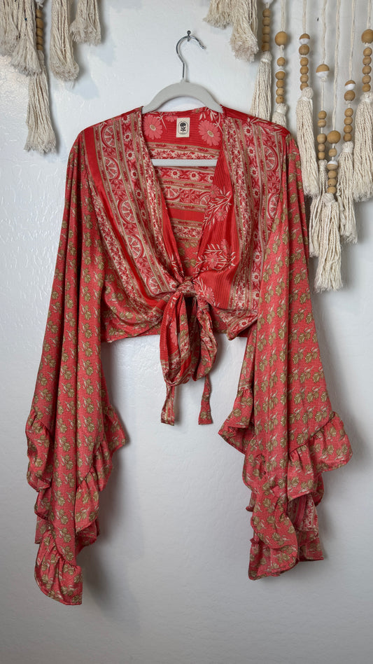 Bell Sleeve Silk Wrap Tie Top 023