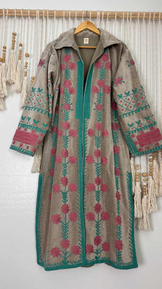 Velvet Vetiver Duster Embroidered Coat (Grey w/ Pink and Turquoise Stitching)