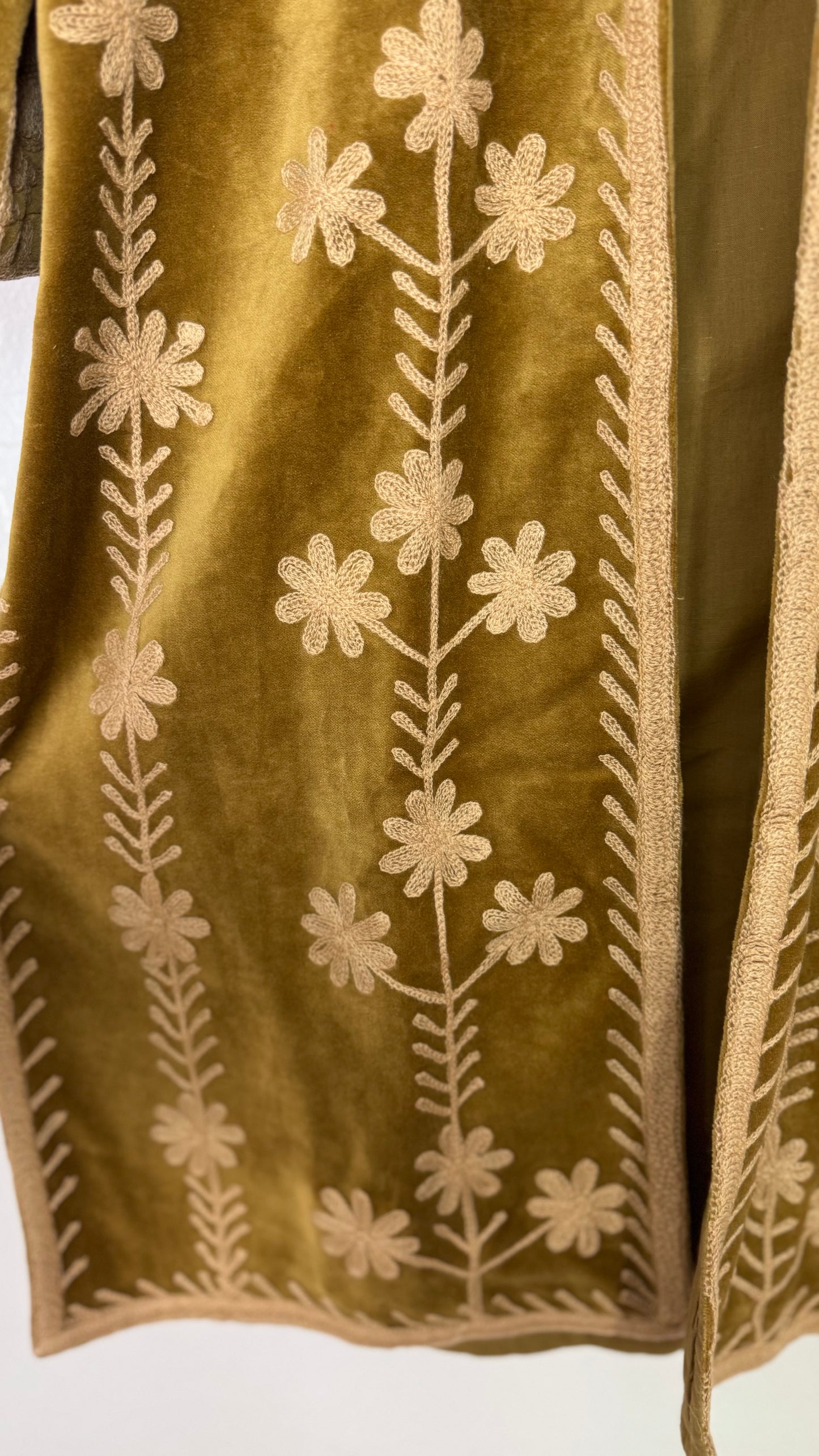 Velvet Vetiver Duster Embroidered Coat (Gold w/ Beige Stitching)